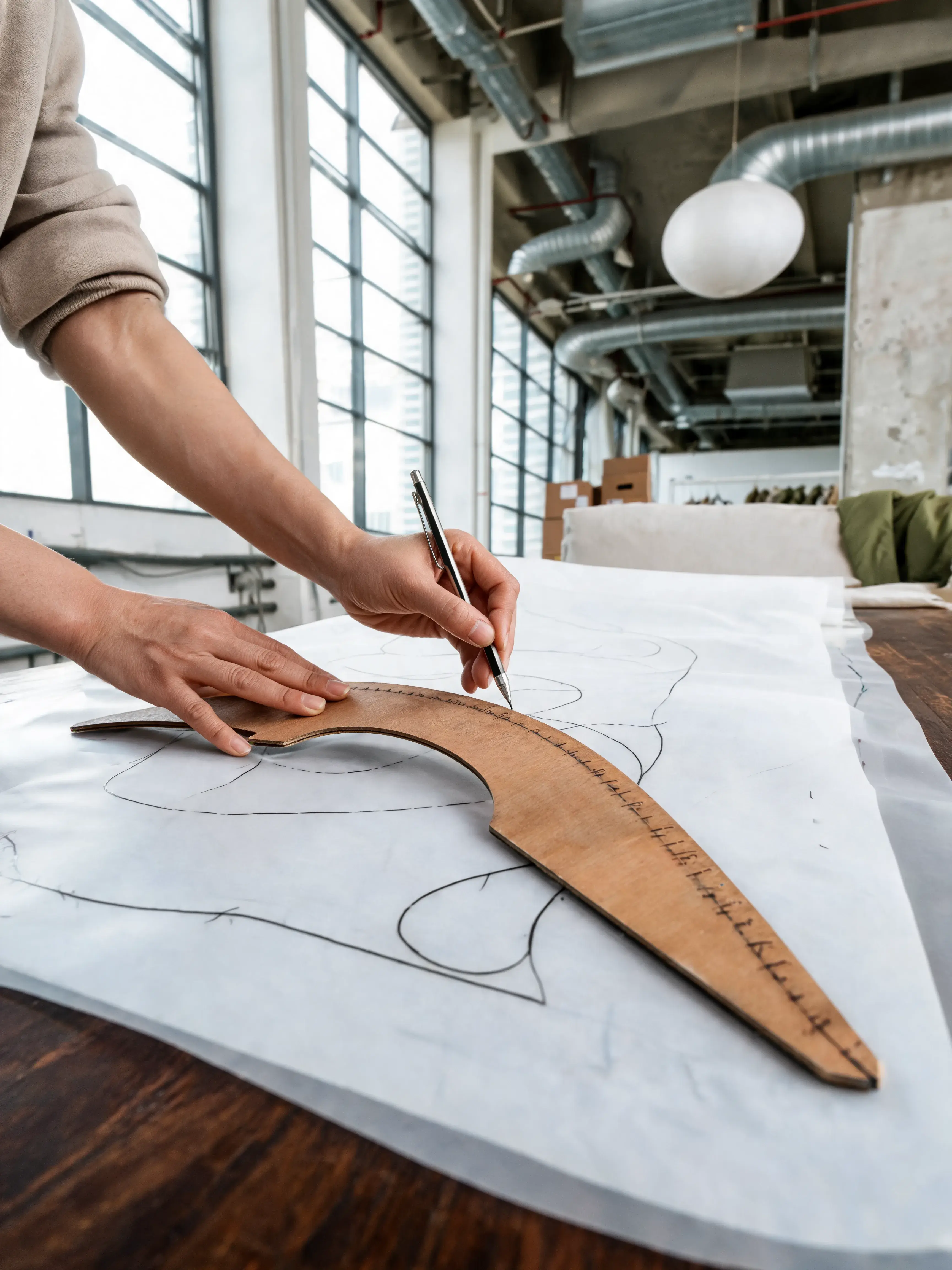 Mains traçant gabarit couture bois sur papier – table bois, lampe globe, loft atelier lumineux
