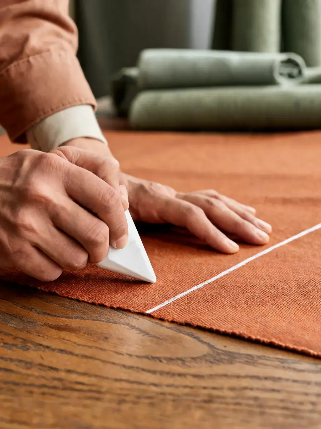 Mains traçant ligne à la craie sur tissu lin terracotta – table bois, rouleaux vert fond, atelier