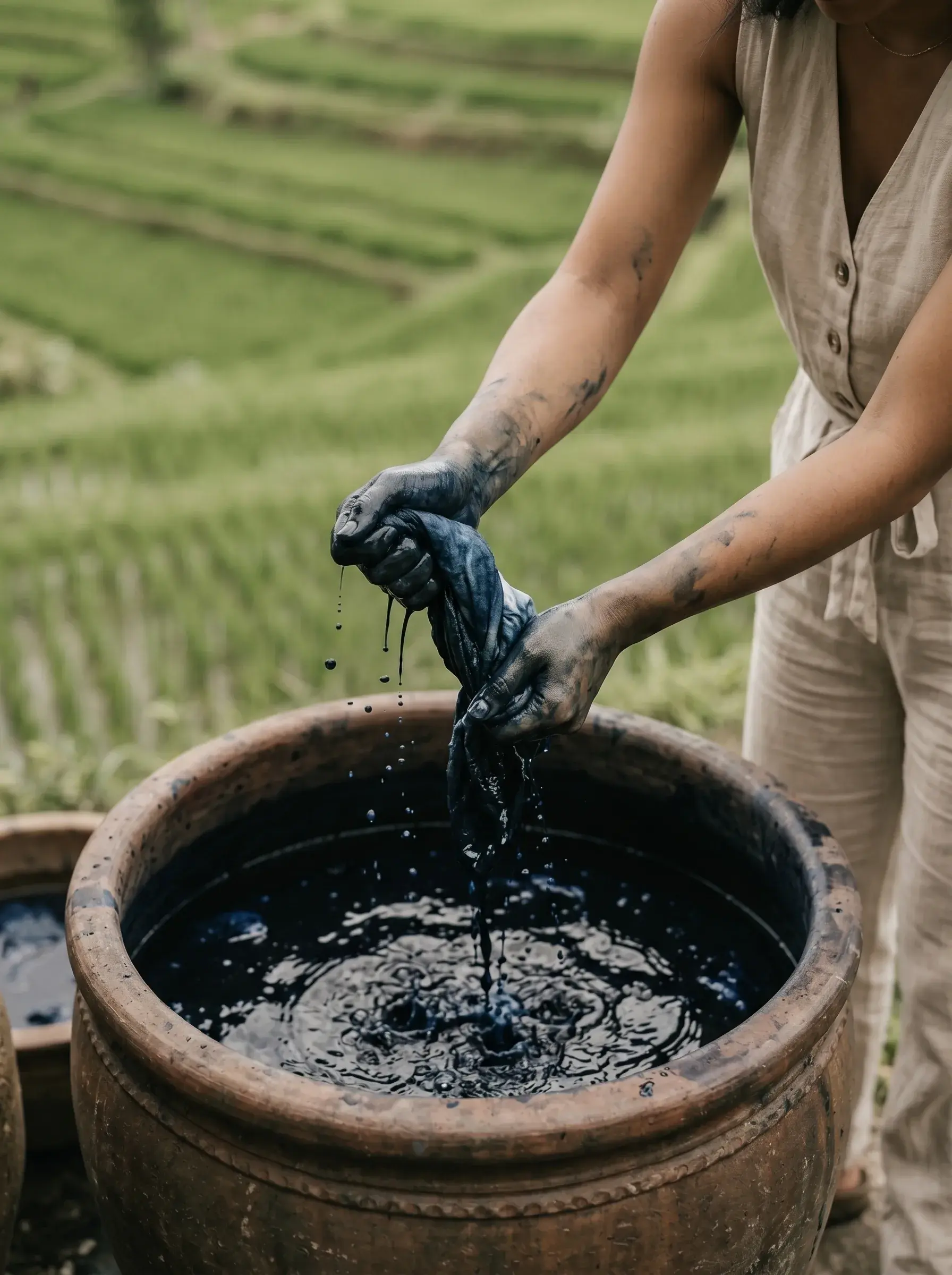 Mains trempant un tissu teinté indigo dans un bac en terre cuite, rizières vertes en terrasses en arrière-plan