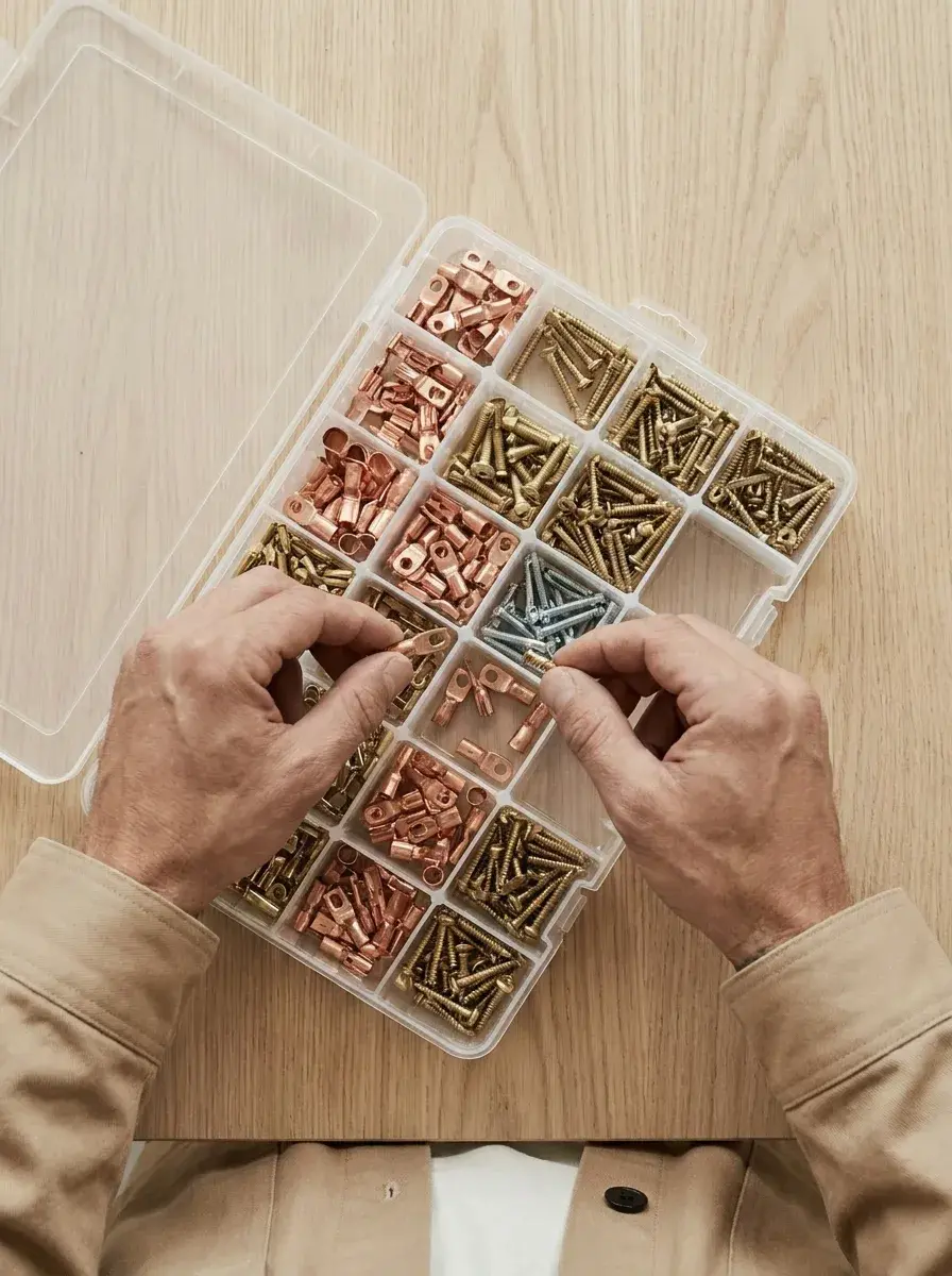 Mains triant des cosses en cuivre et des vis en laiton dans un organiseur sur une table en chêne