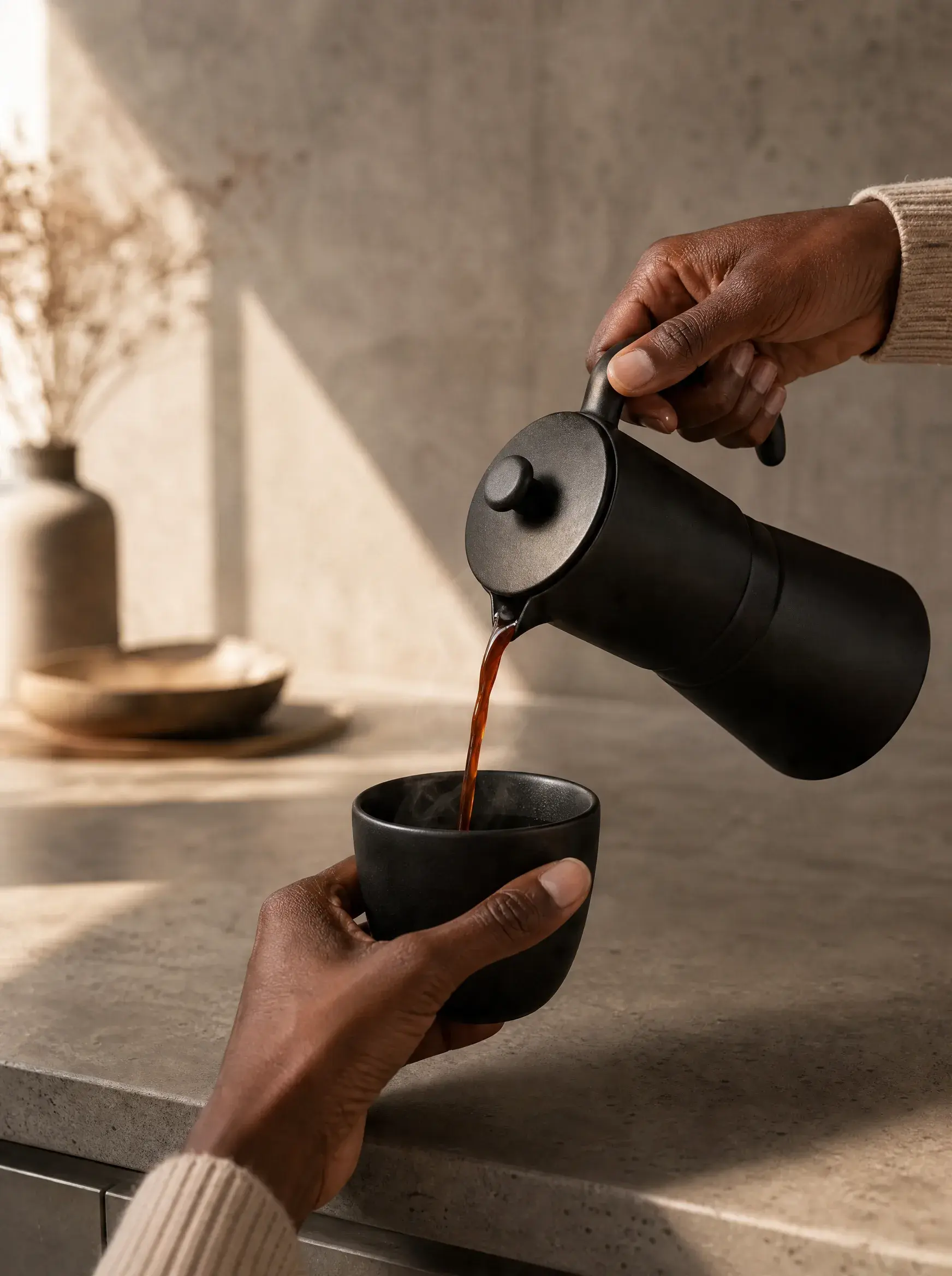 Mains versant café depuis cafetière moka dans bol céramique – comptoir béton, vase, lumière naturelle