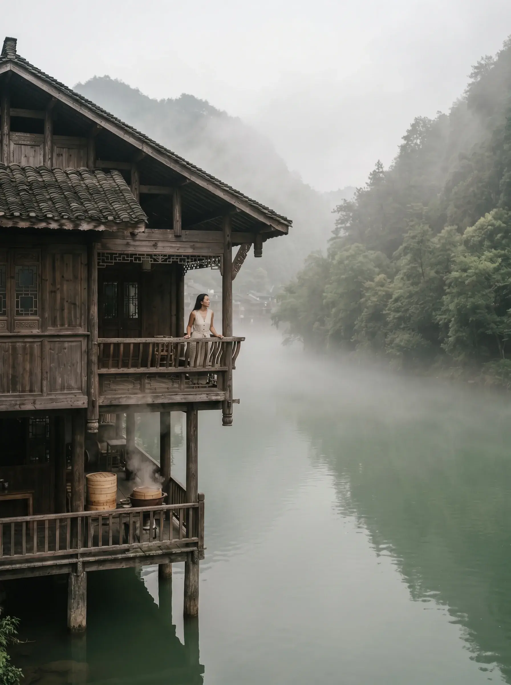 Maison traditionnelle au bord de l'eau sous la pluie, ambiance zen