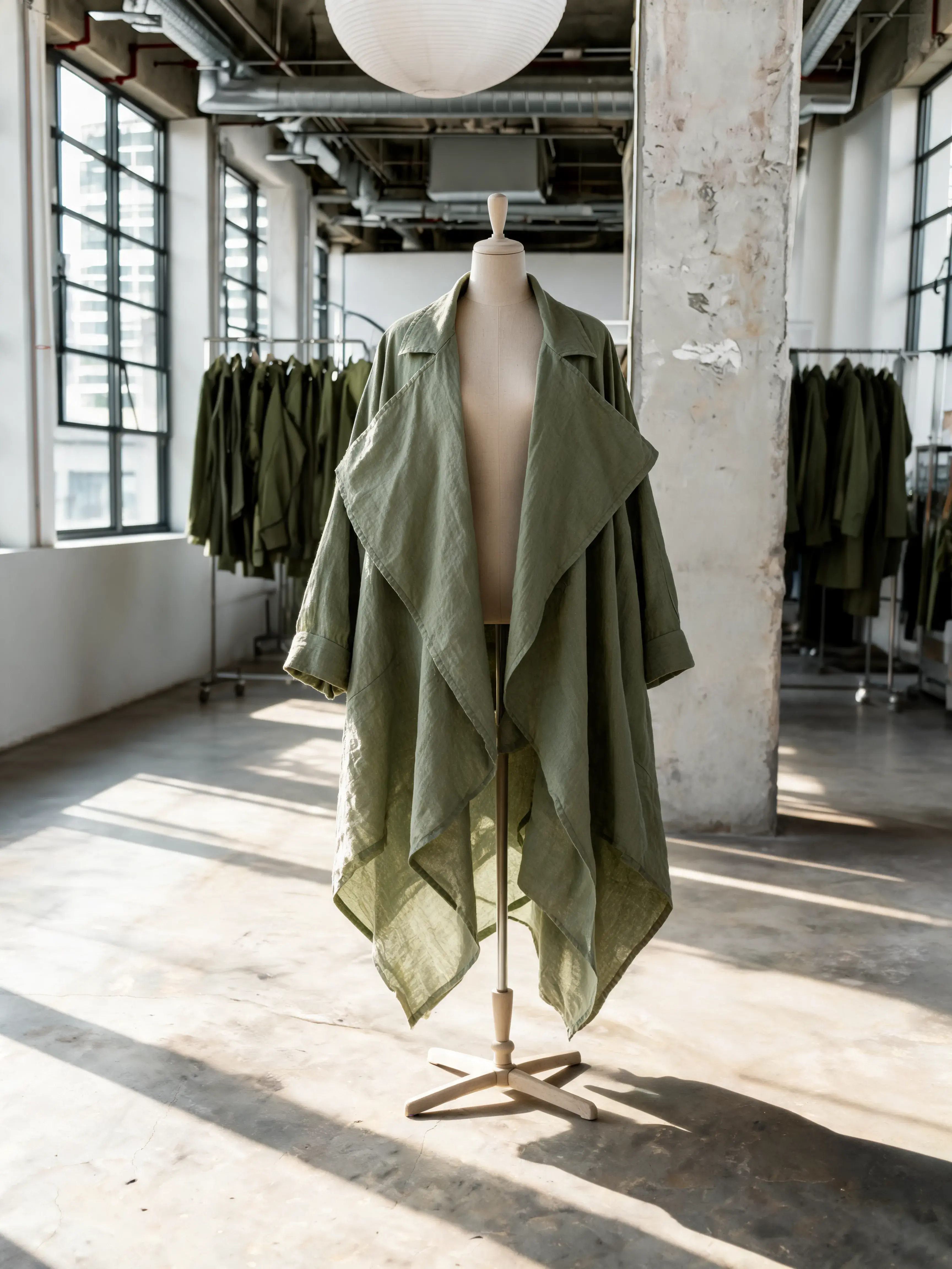 Manteau vert sur mannequin couture showroom