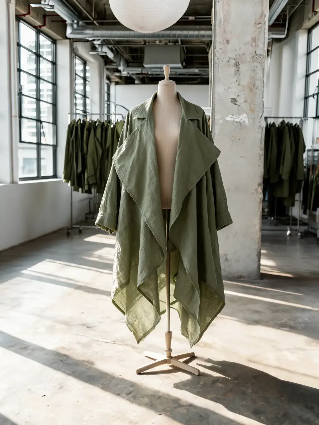 Manteau vert sur mannequin couture showroom