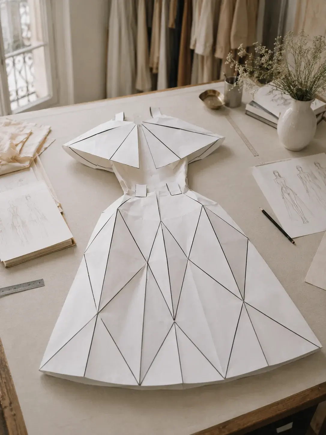 Maquette de robe origami posée sur table d'atelier – croquis, règle et vase de fleurs sèches