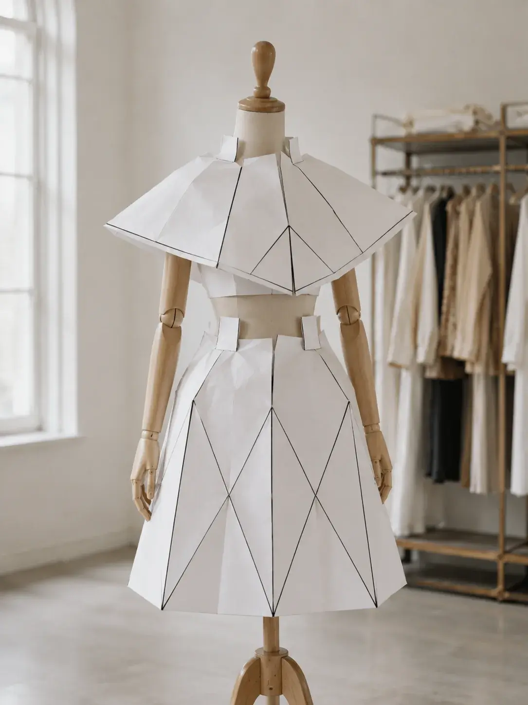 Maquette de robe origami sur mannequin en bois – atelier couture avec portant et fenêtre
