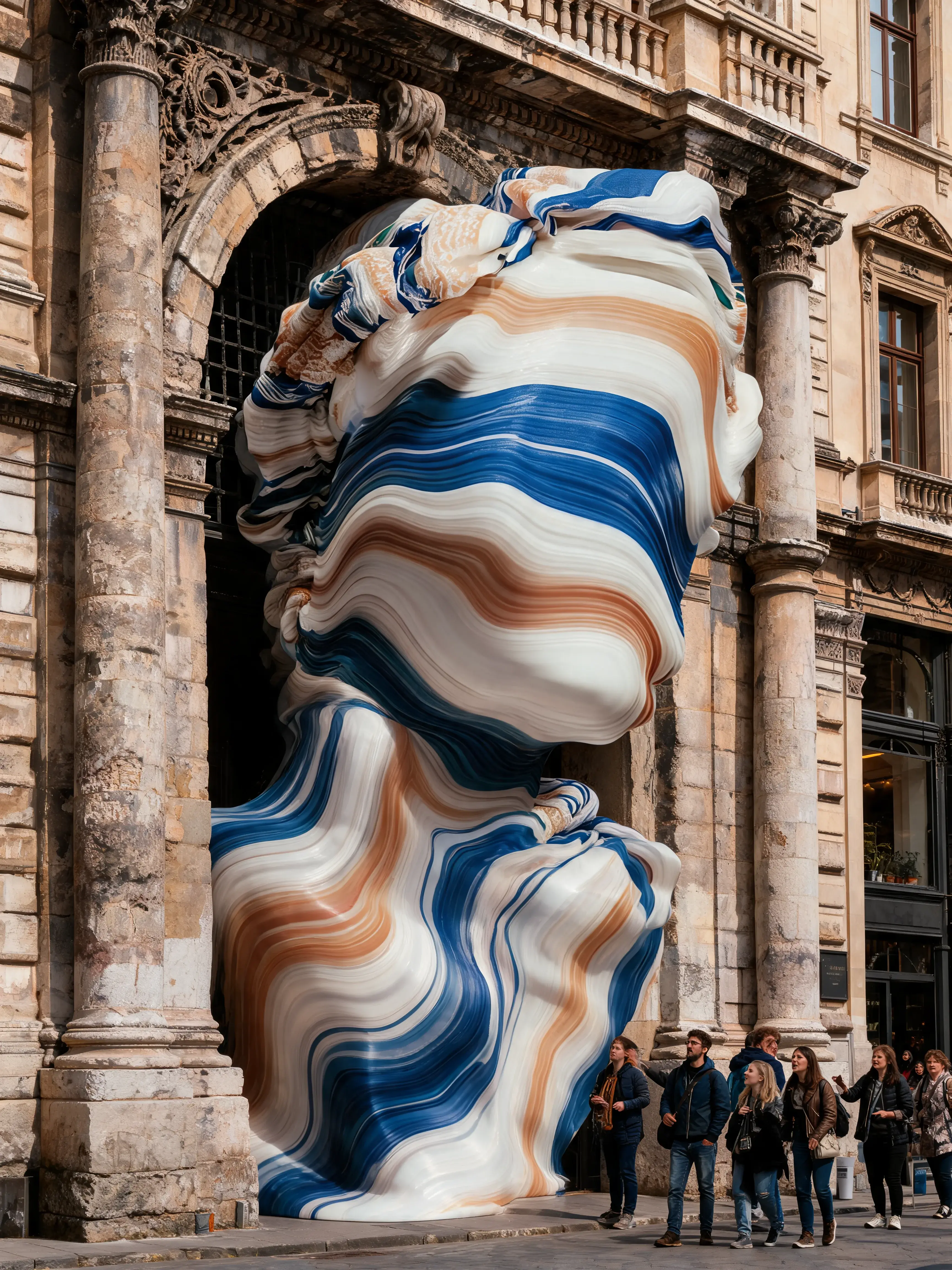 Masse de matière marbré bleu-blanc-terracotta débordant d'une arche baroque – visiteurs