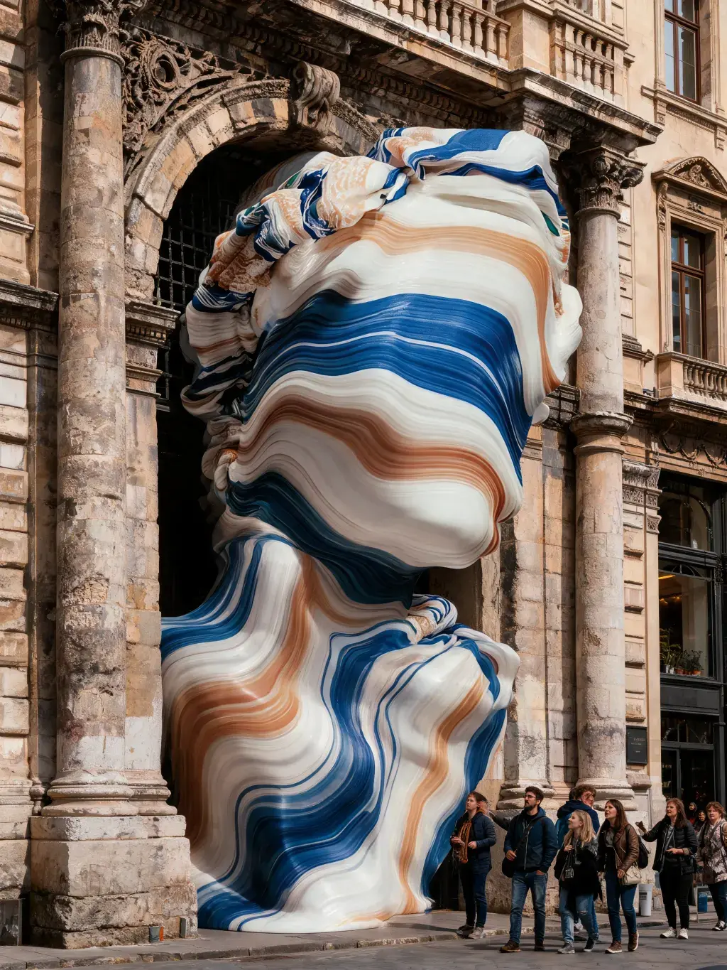 Masse de matière marbré bleu-blanc-terracotta débordant d'une arche baroque – visiteurs