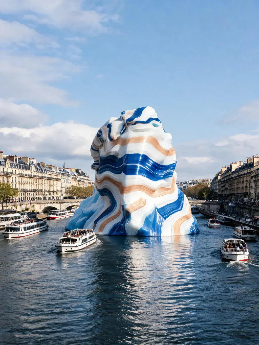 Masse géante de matière marbré sur la Seine – bateaux-mouches, Paris, pont, ciel bleu