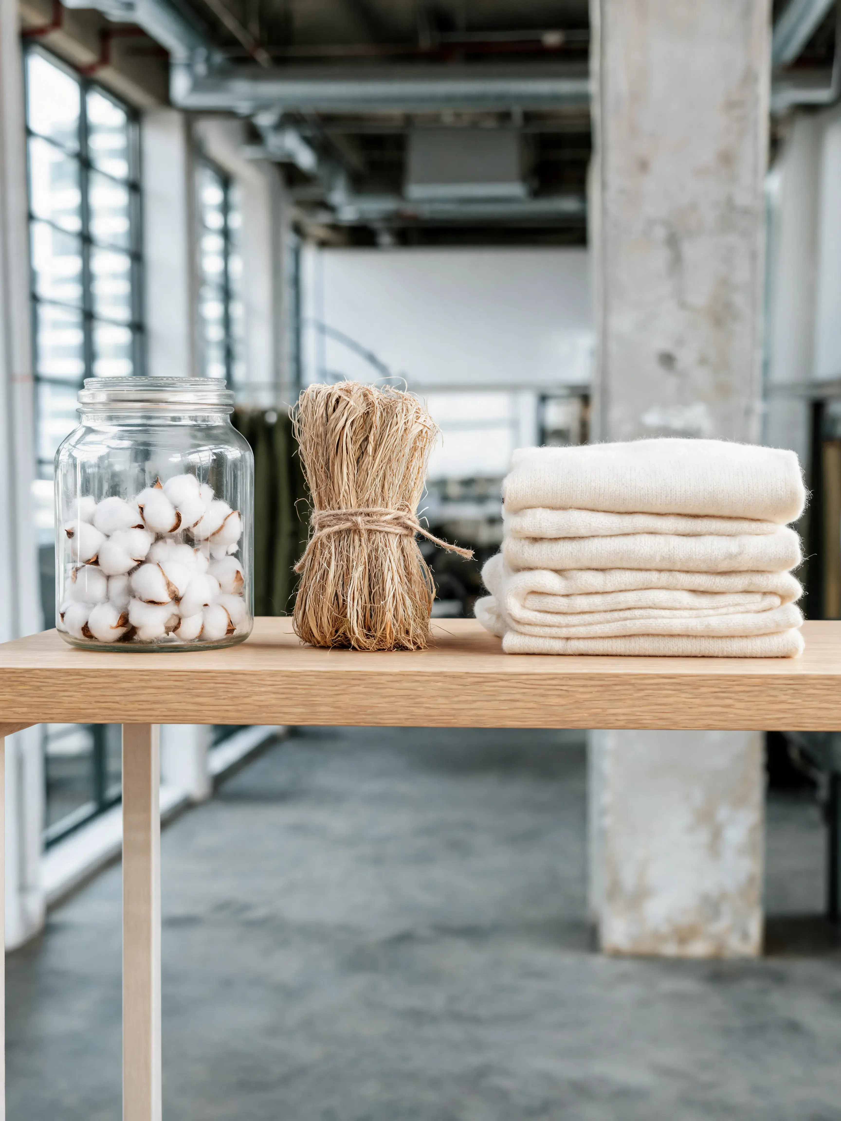 Matières premières textiles sur table bois – coton brut en bocal, fibre sisal, tissus crème pliés