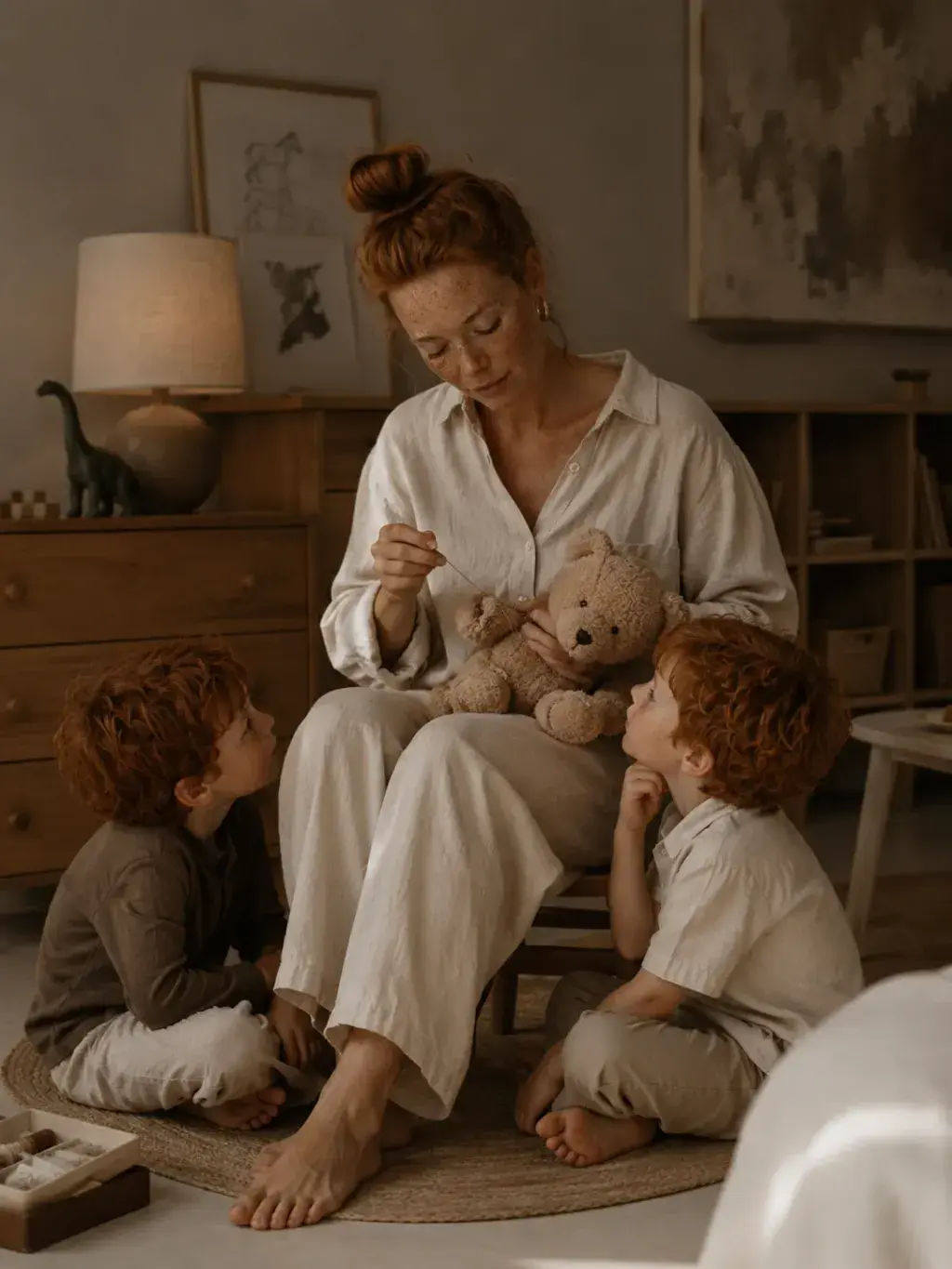 Mère contant une histoire avec un nounours à ses fils