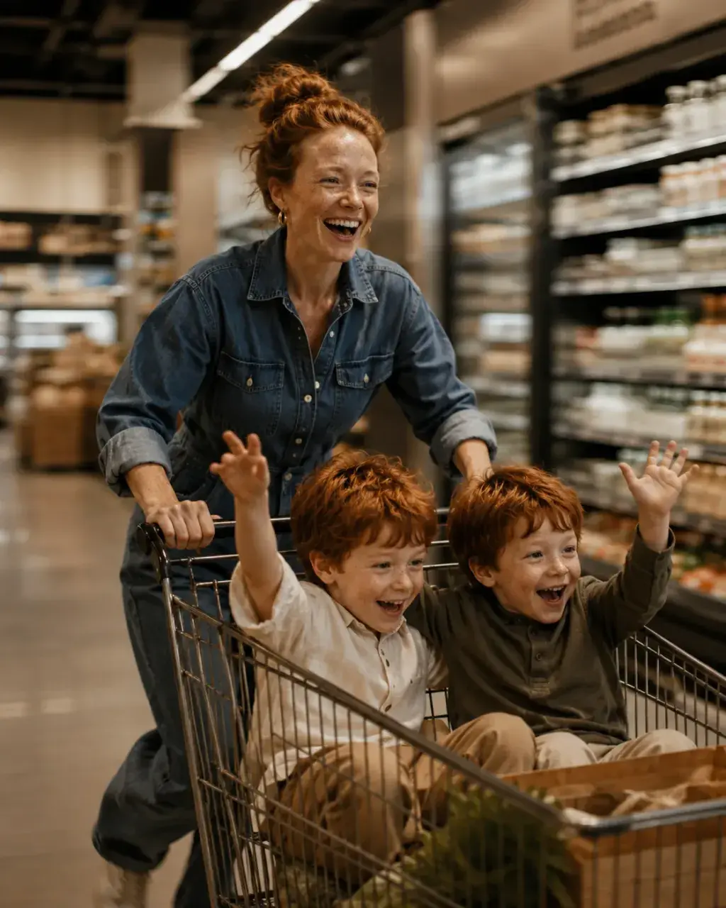 Mère en salopette jean poussant un caddie avec deux enfants roux hilares – supermarché