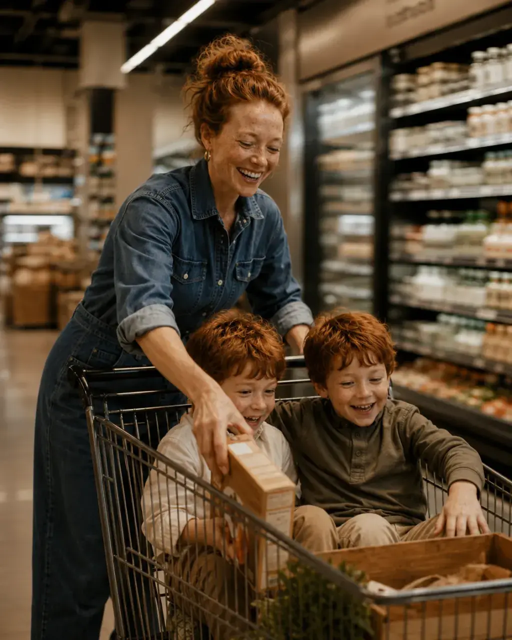Mère en salopette jean tendant un produit à ses deux enfants dans un caddie – supermarché