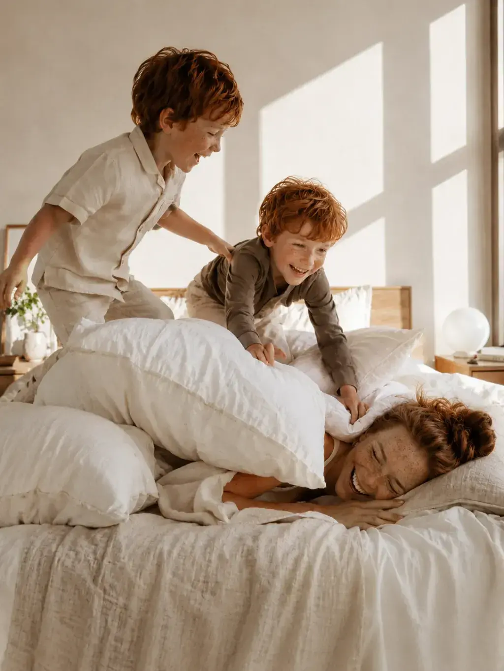 Mère et deux enfants roux en bataille d'oreillers sur le lit – chambre minimaliste lumineuse