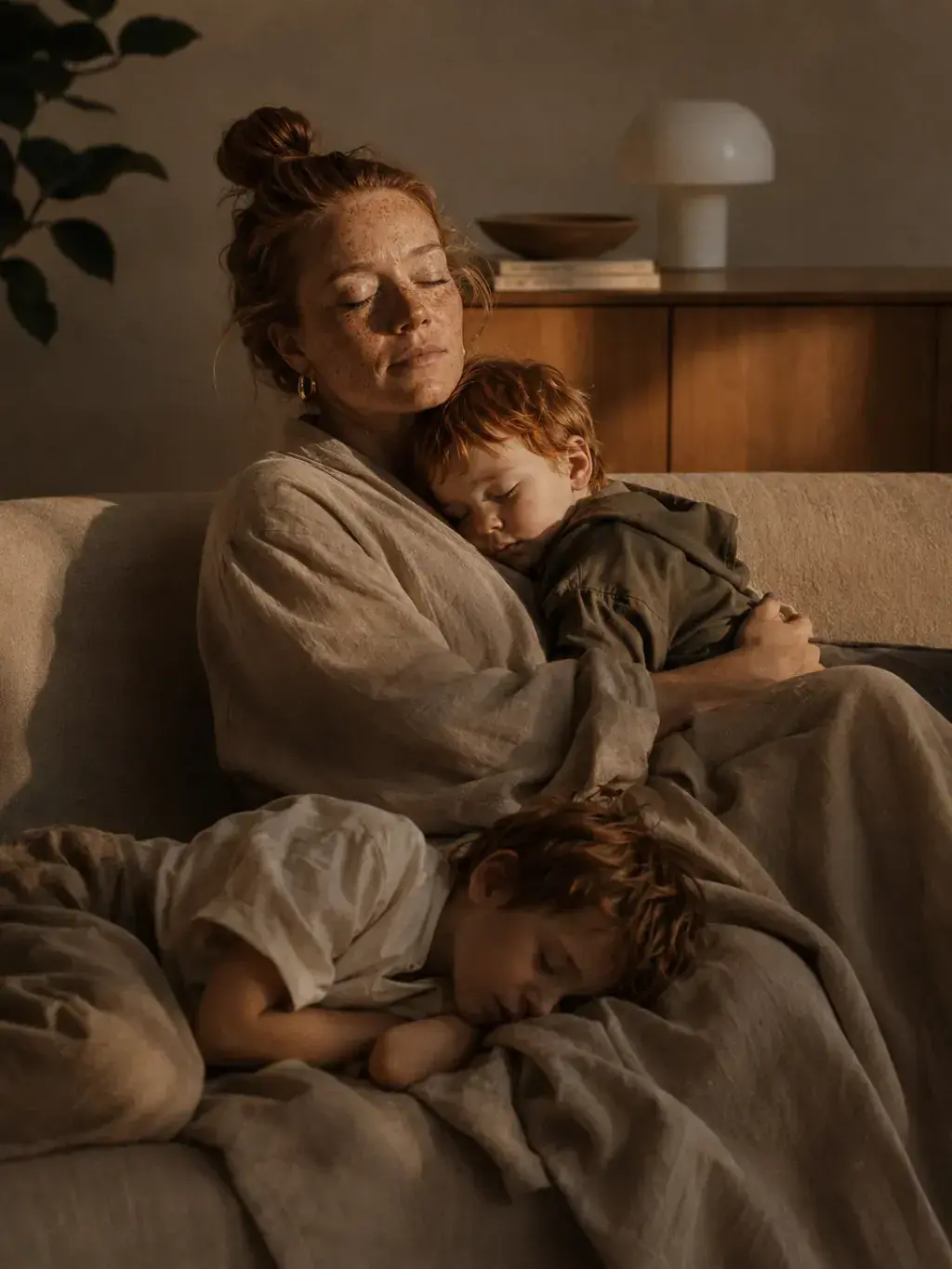 Mère et deux enfants roux endormis ensemble sur le canapé – lumière douce du soir
