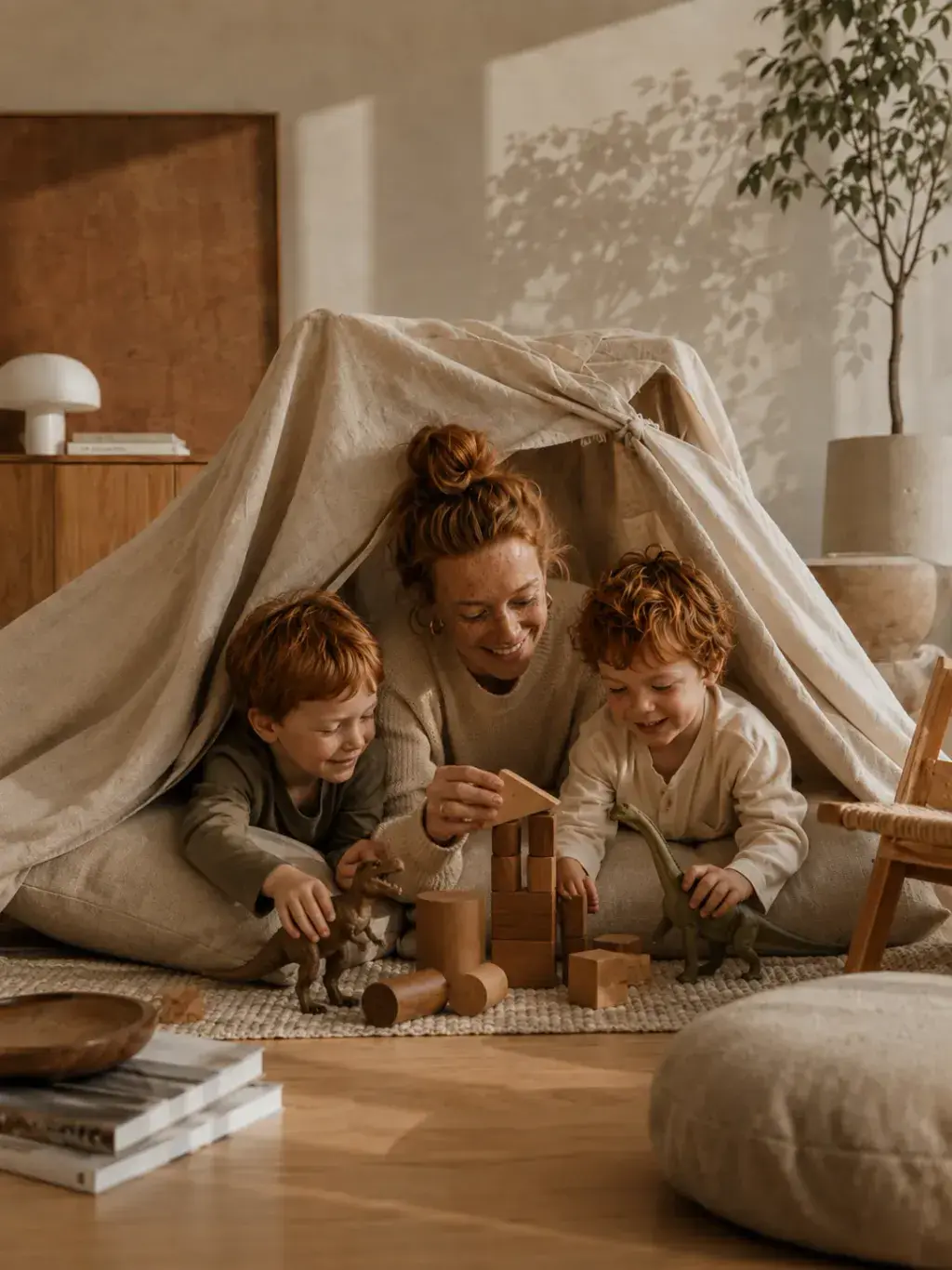 Mère et deux enfants roux jouant sous un tipi de draps – salon minimaliste chaleureux