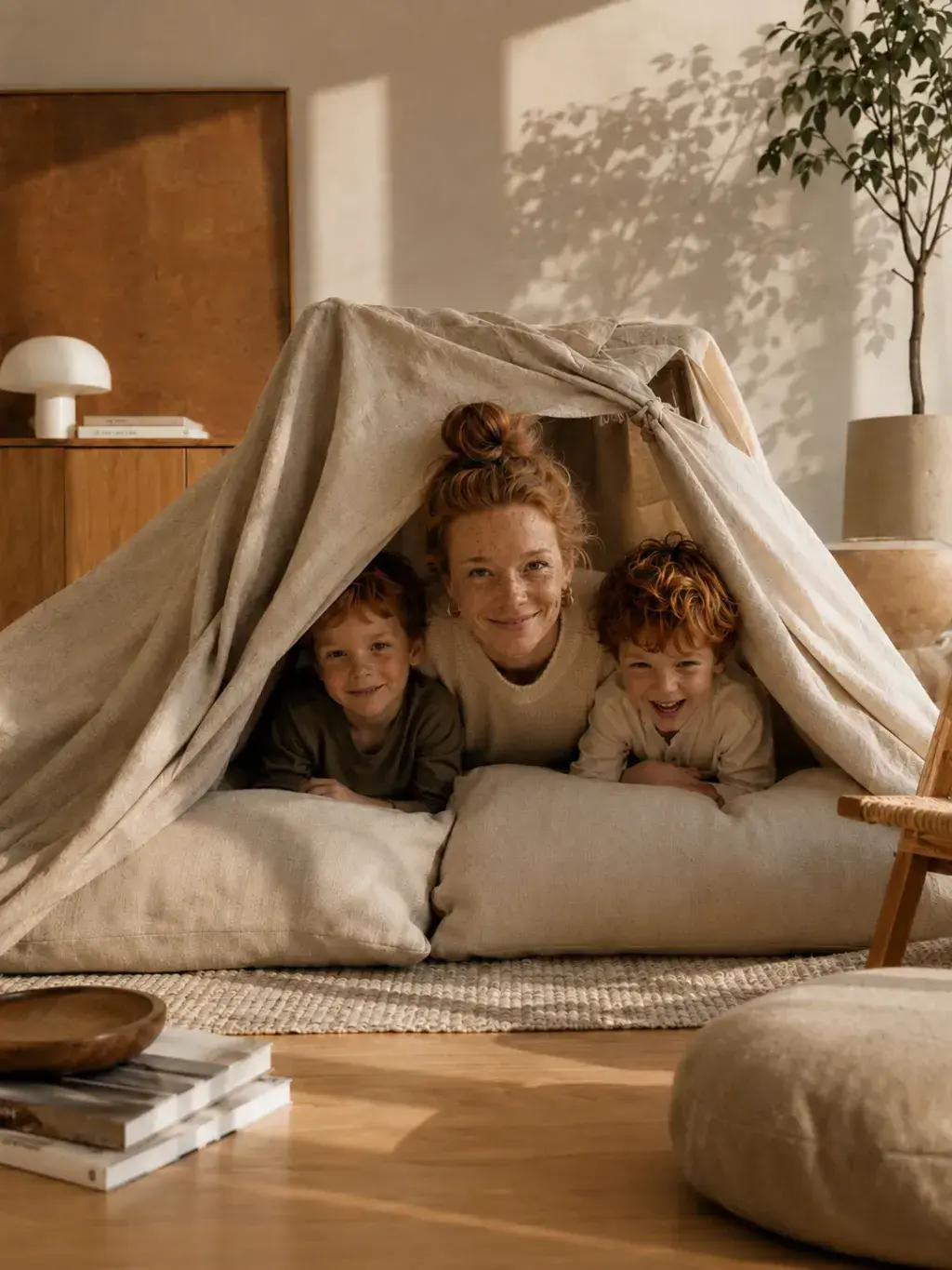 Mère et deux enfants roux souriants sous tipi de draps – portrait de famille joyeux