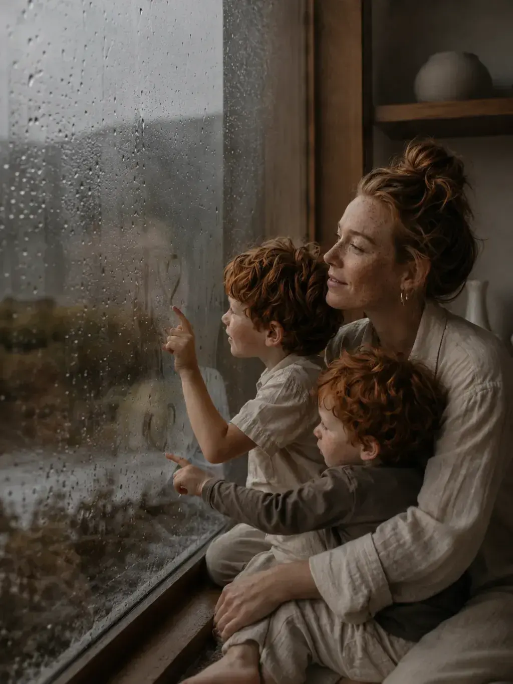 Mère et enfants regardant la pluie par la fenêtre