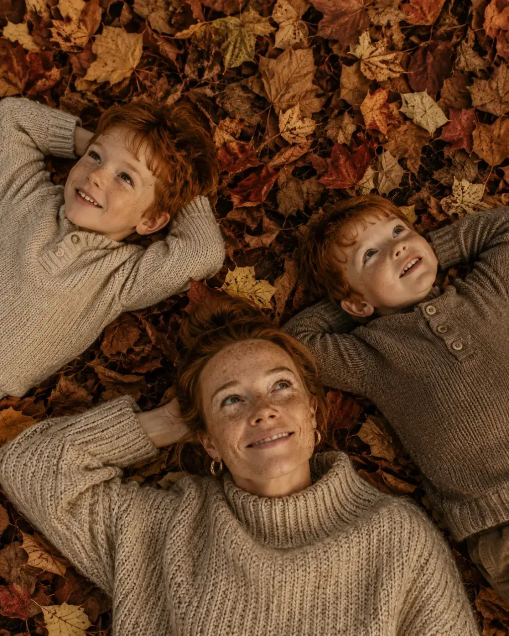 Mère et fils allongés dans les feuilles d'automne vus d'en haut