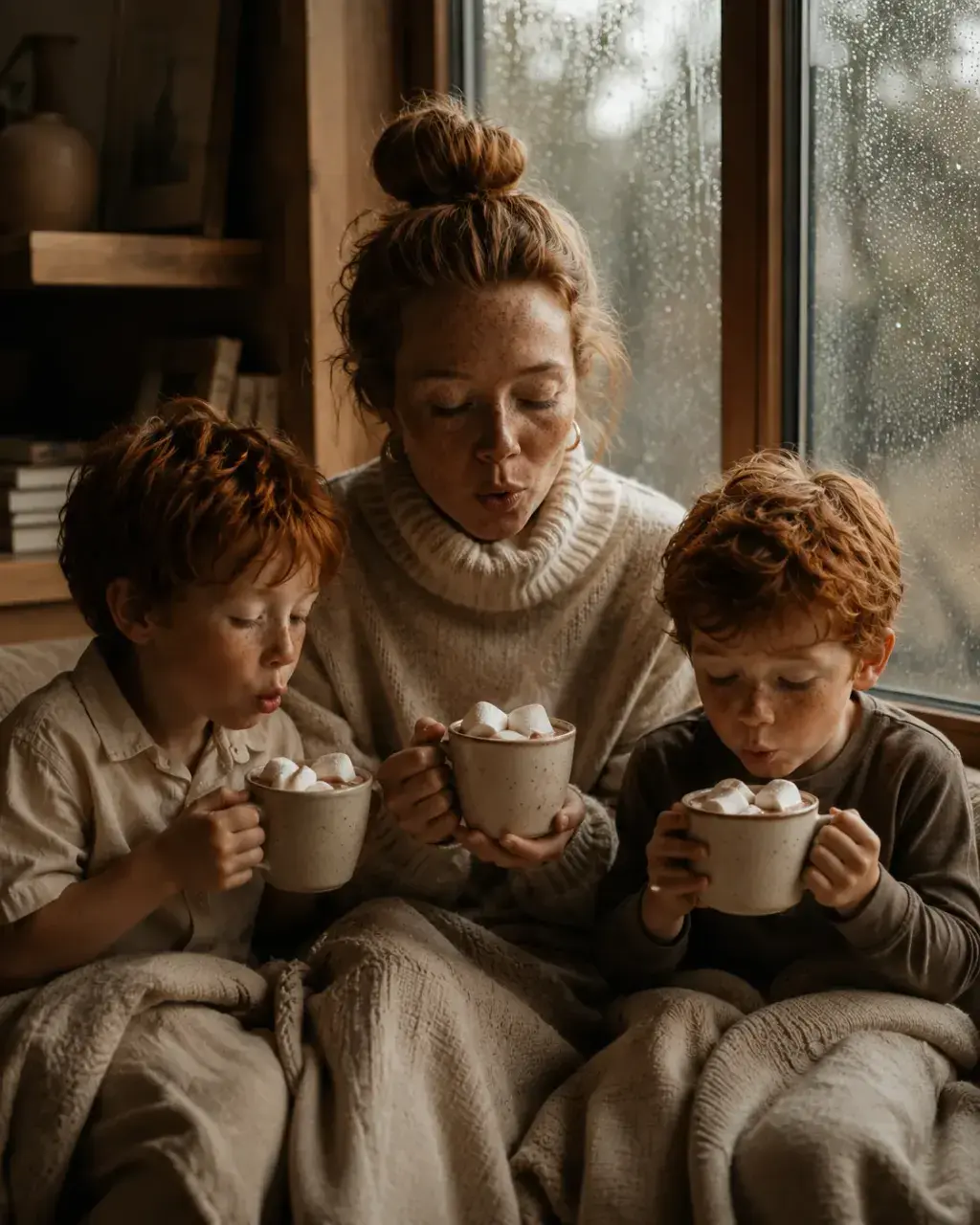 Mère et fils buvant un chocolat chaud avec des guimauves sous la pluie