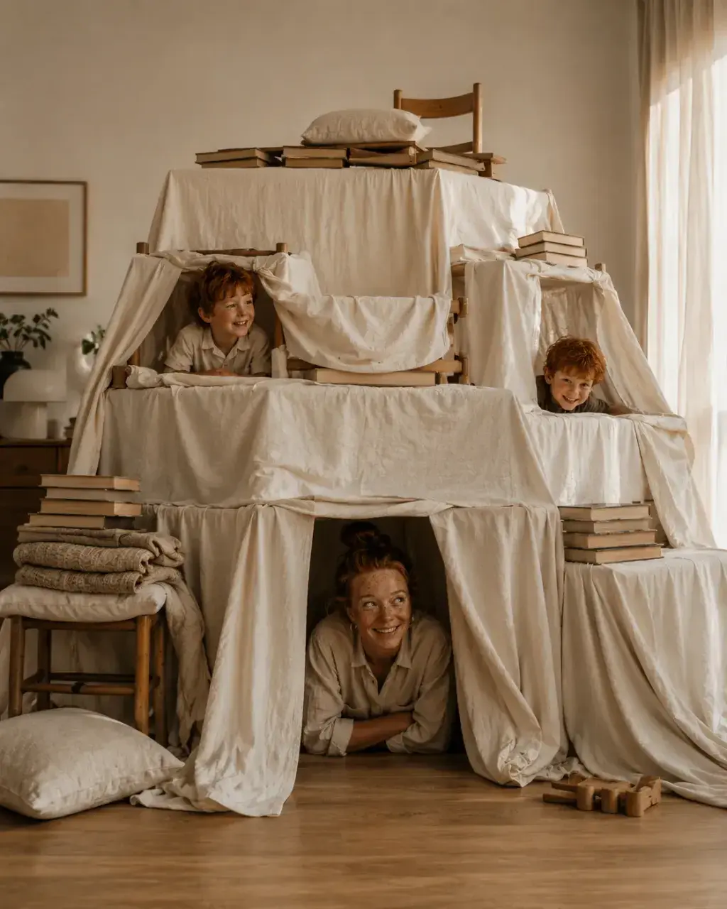 Mère et fils construisant une cabane avec des draps dans le salon