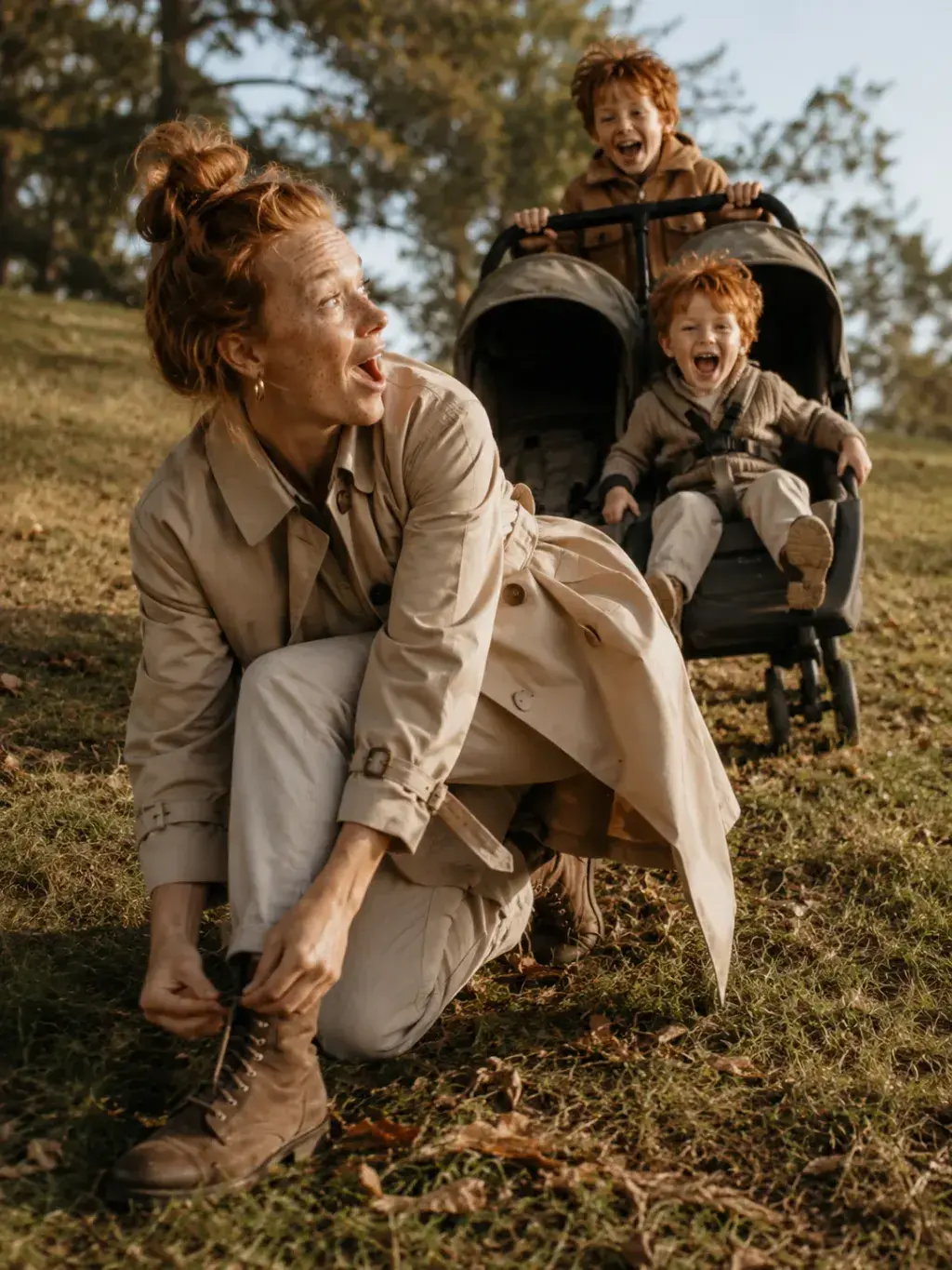 Mère et fils joyeux dans un parc avec poussette