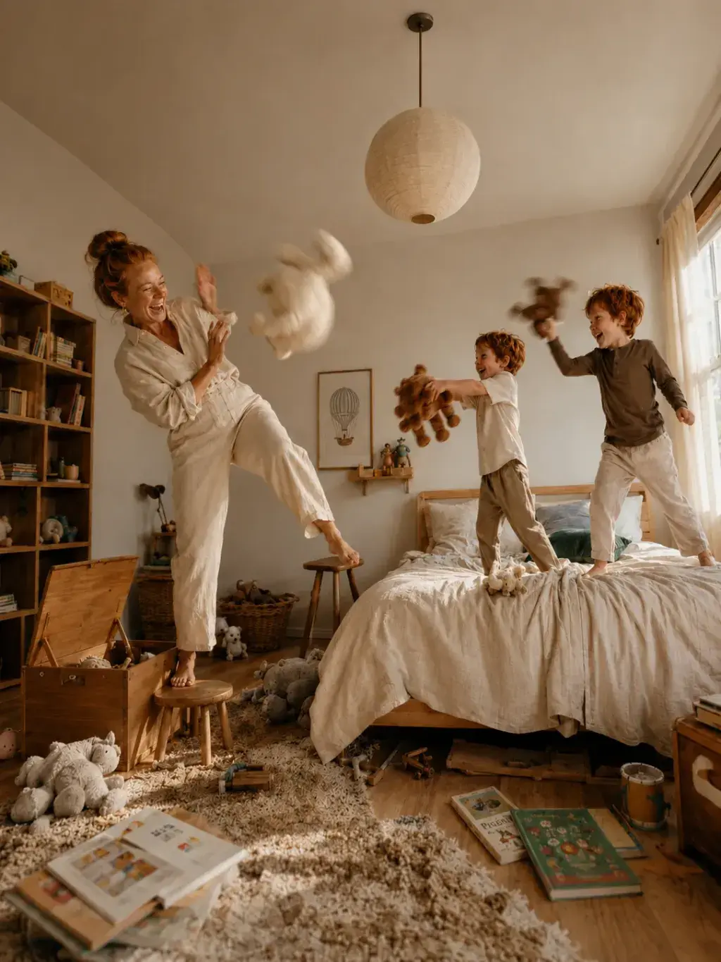 Mère et fils lançant des peluches dans la chambre en désordre