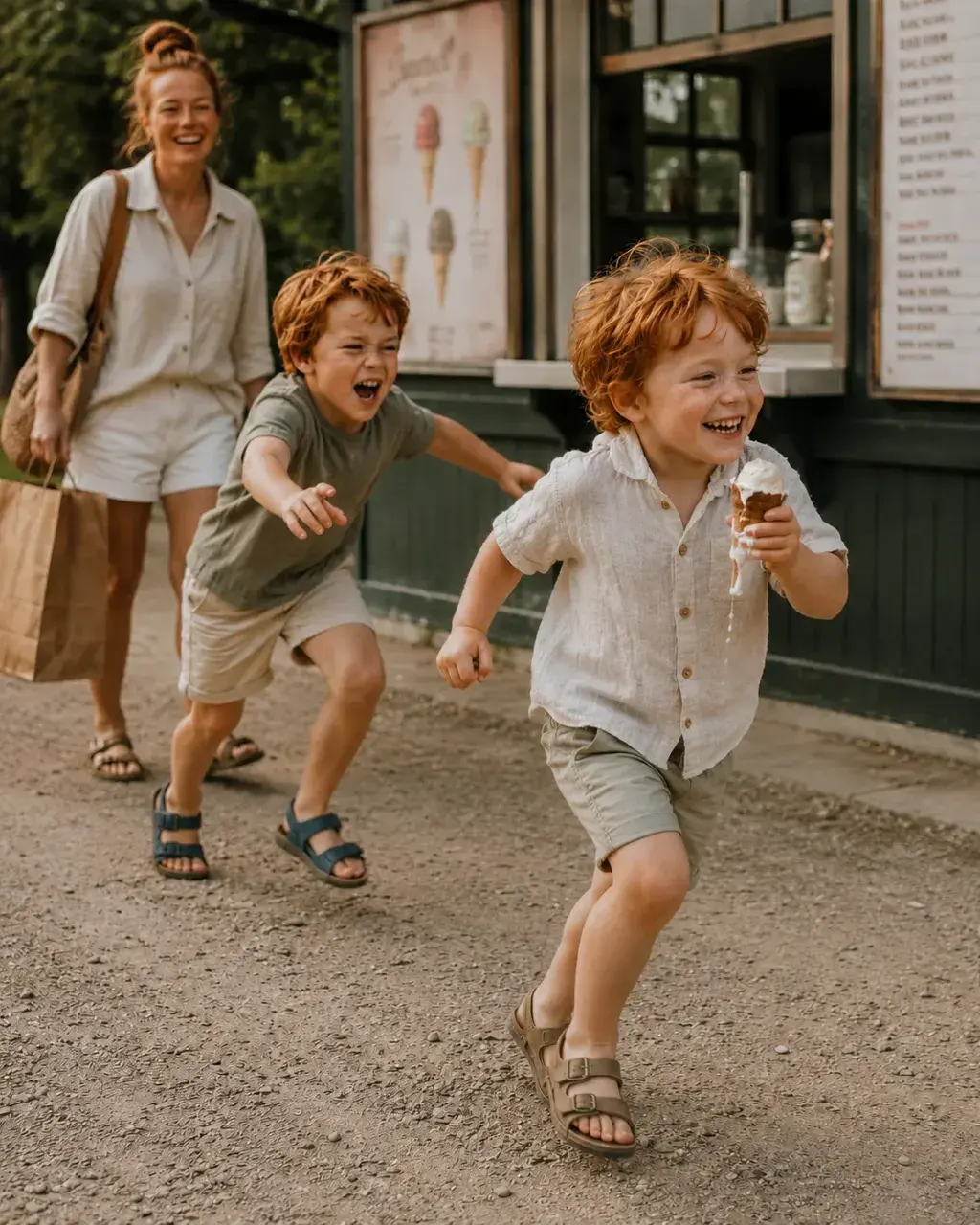 Mère et fils s'amusant devant une boutique de glaces