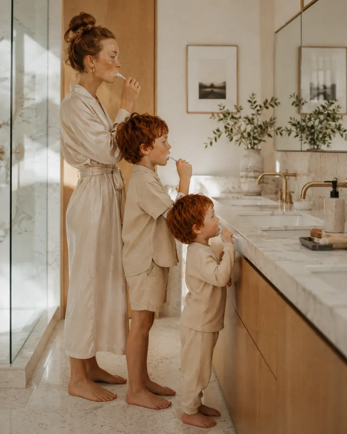 Mère et fils se brossant les dents ensemble dans la salle de bain