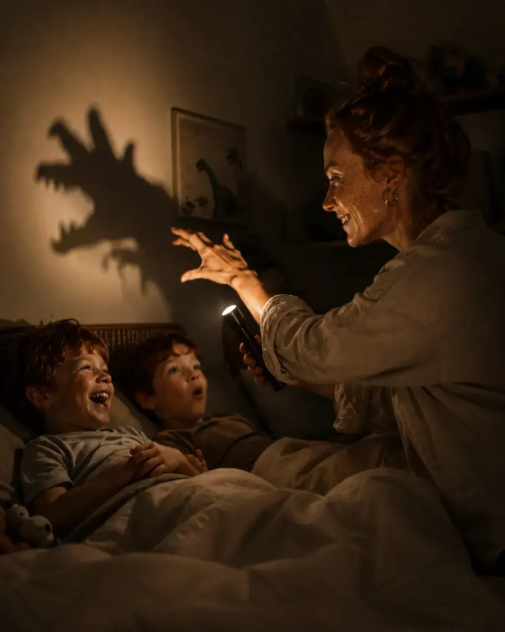 Mère faisant des ombres chinoises à la lampe torche pour ses deux fils – nuit sous les couvertures