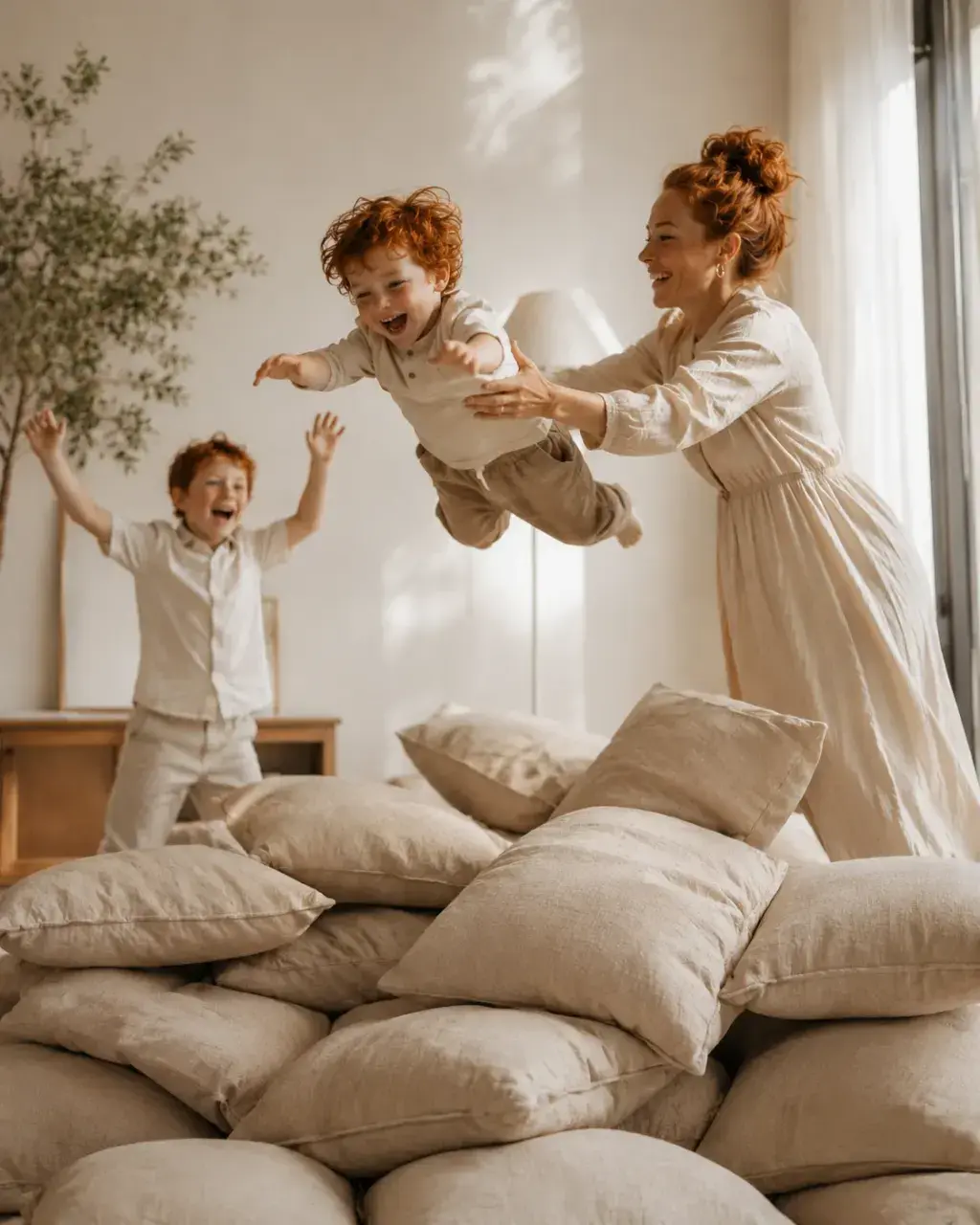 Mère lançant son fils en l'air au milieu des coussins
