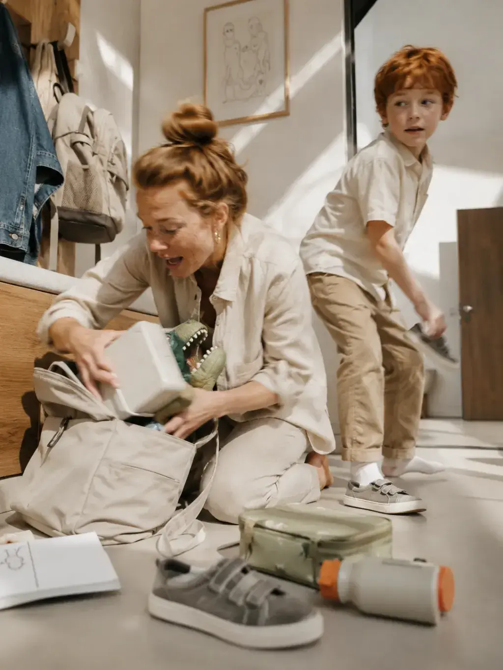 Mère préparant le sac à dos de son fils avant l'école