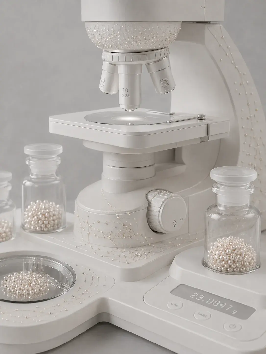 Microscope blanc entouré de flacons de perles et balance de précision, plateau de recherche nacrée
