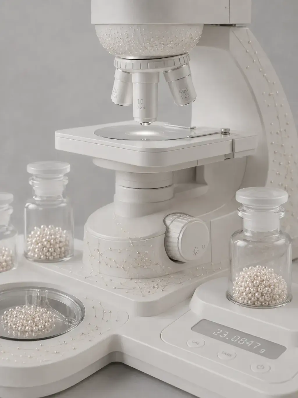 Microscope blanc entouré de flacons de perles et balance de précision, plateau de recherche nacrée