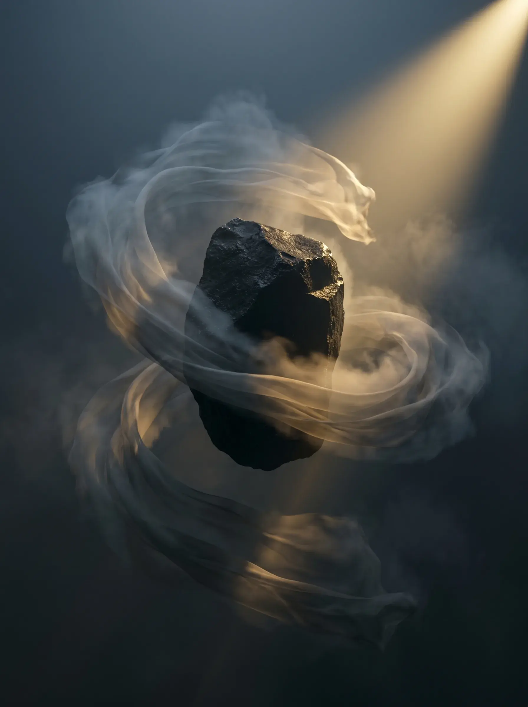 Mineral en lévitation dans tourbillon de fumée – rayon de lumière rasant, fond sombre, studio