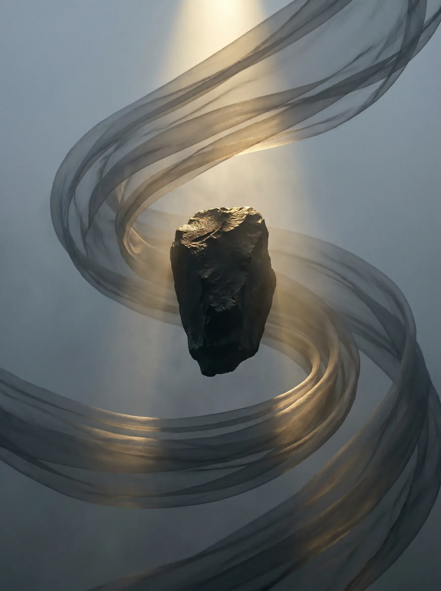 Mineral en lévitation entouré de voile gaze ambré en spirale – fond gris clair, rayon de lumière