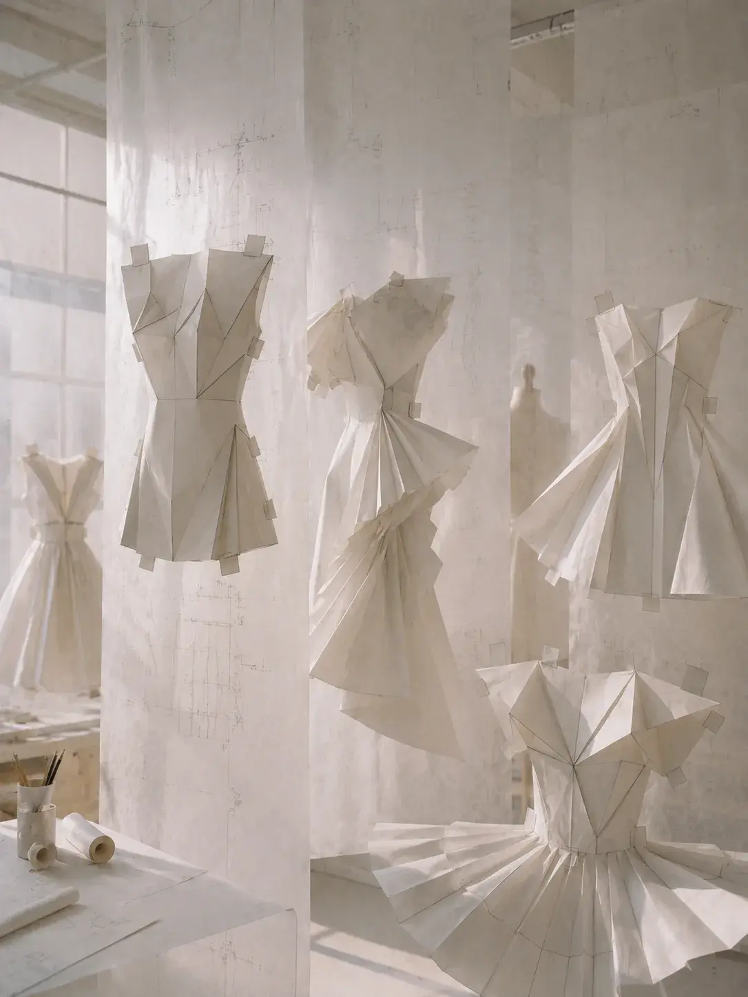 Miniatures de robes origami épinglées sur voile translucide – atelier studio lumineux