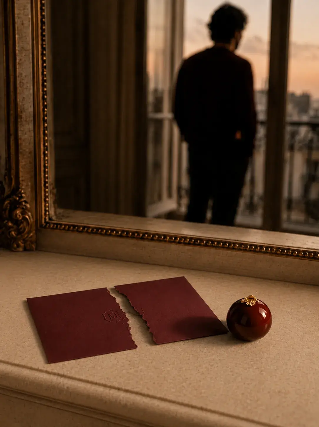 Miroir doré baroque avec reflet d'homme en silhouette devant balcon, carte Valentine déchirée et gâteau rouge sur marbre au premier plan