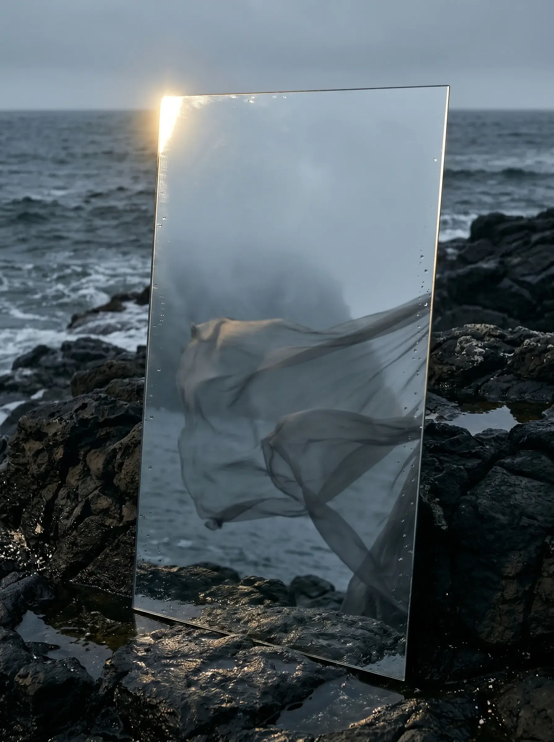 Miroir rectangulaire sur roches côtières – voile gaze flottant, mer agitée, ciel nuageux