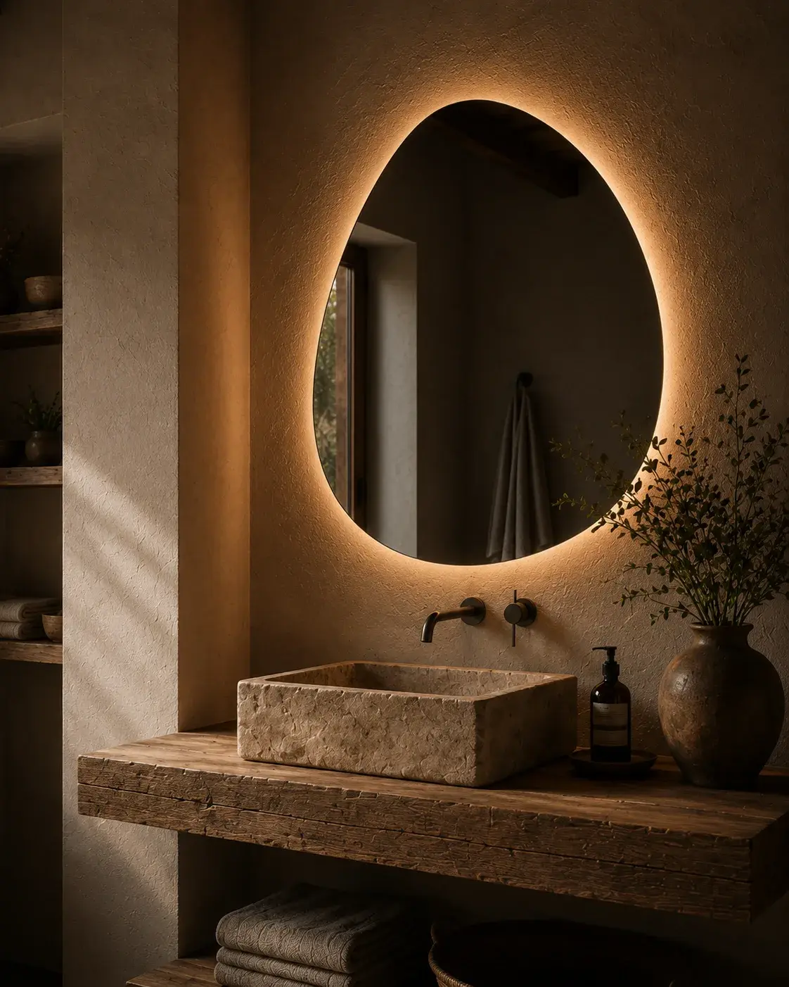 Miroir rond en salle de bain, halo lumineux et vasque en pierre naturelle