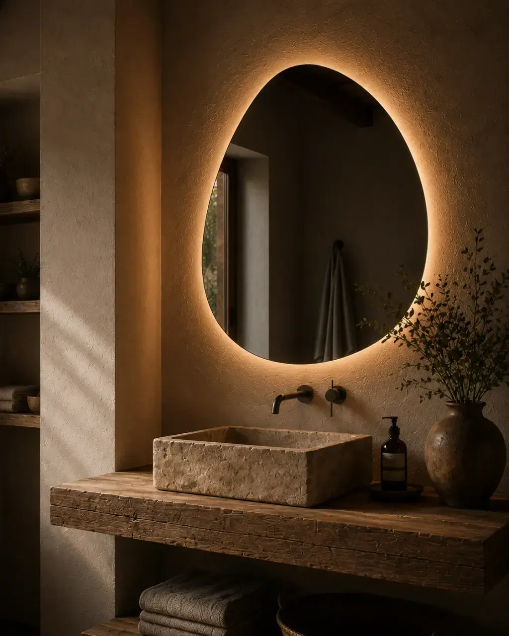 Miroir rond en salle de bain, halo lumineux et vasque en pierre naturelle