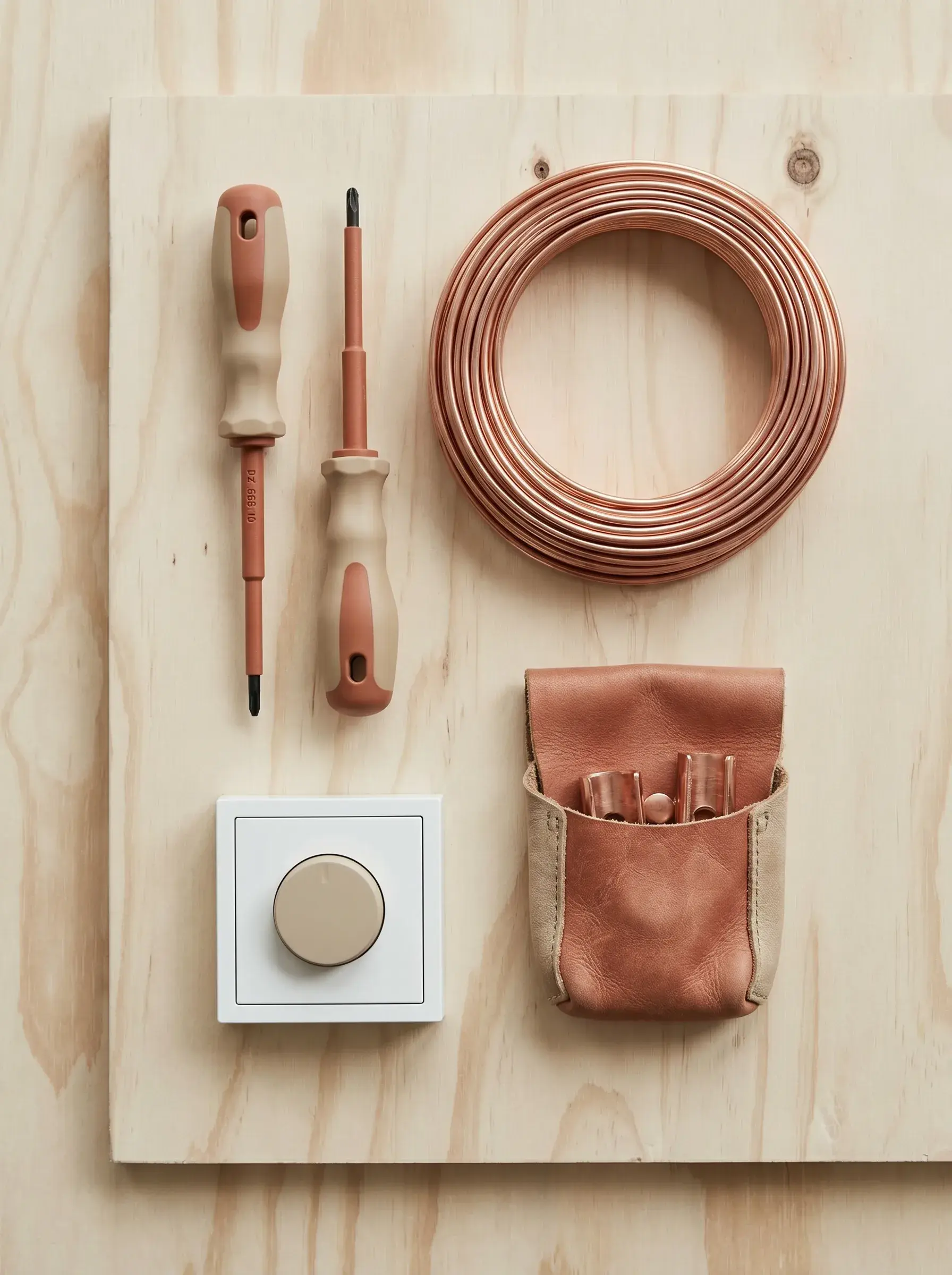 Mise à plat d'outils d'électricien : tournevis, bobine de cuivre, variateur et pochette en cuir sur contreplaqué