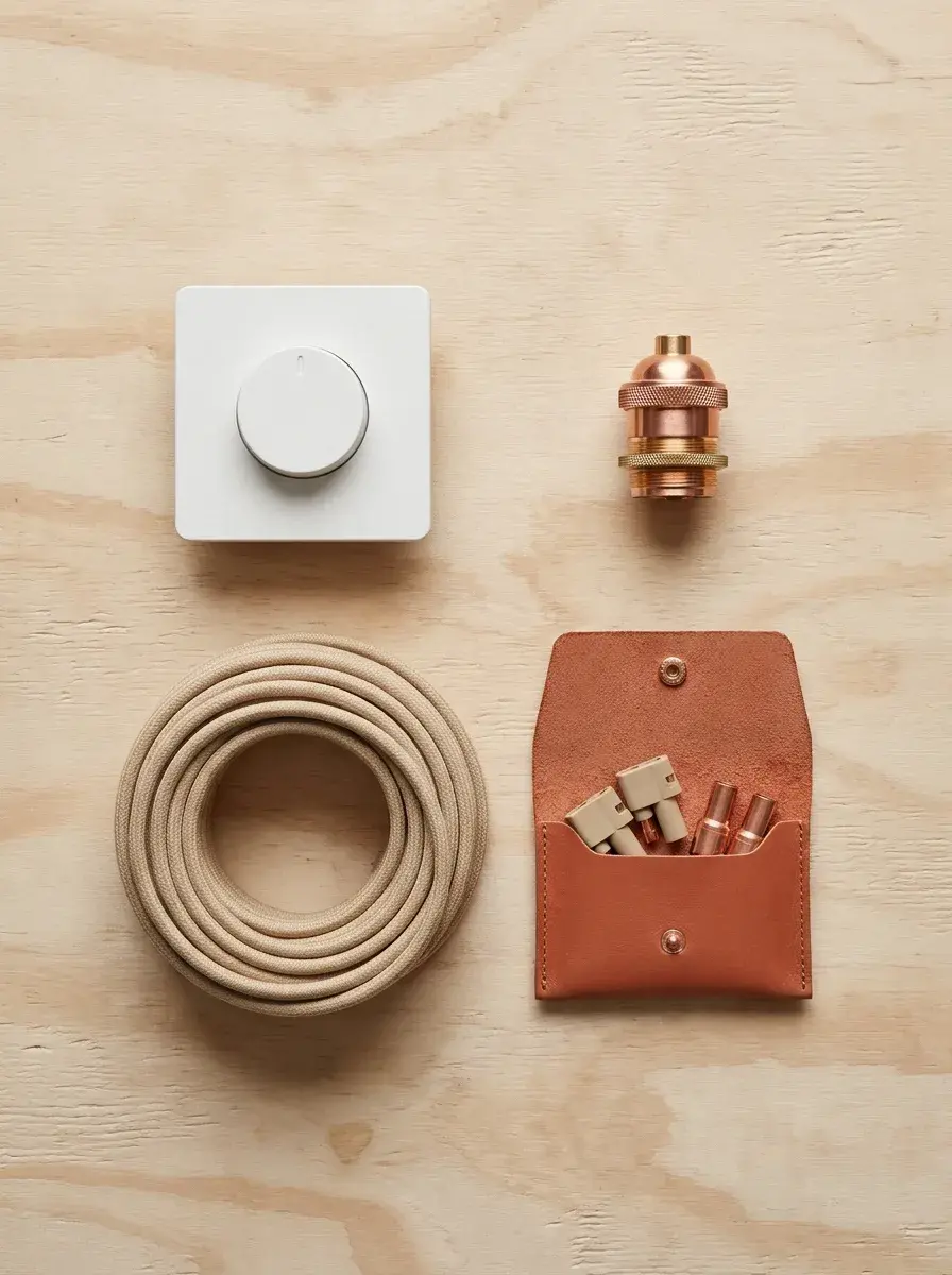 Mise à plat d'un variateur, d'une douille en cuivre, d'un câble textile et d'une pochette en cuir sur contreplaqué