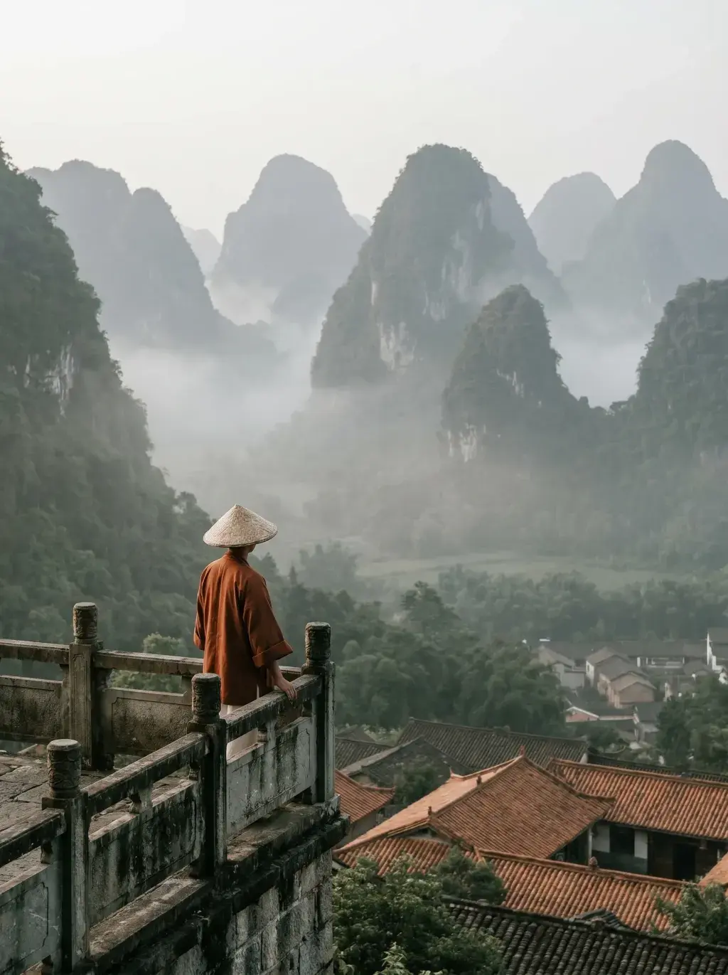 Moine en robe orange de dos sur balustrade en pierre contemplant une vallée brumeuse aux pics karstiques spectaculaires, Guilin Chine