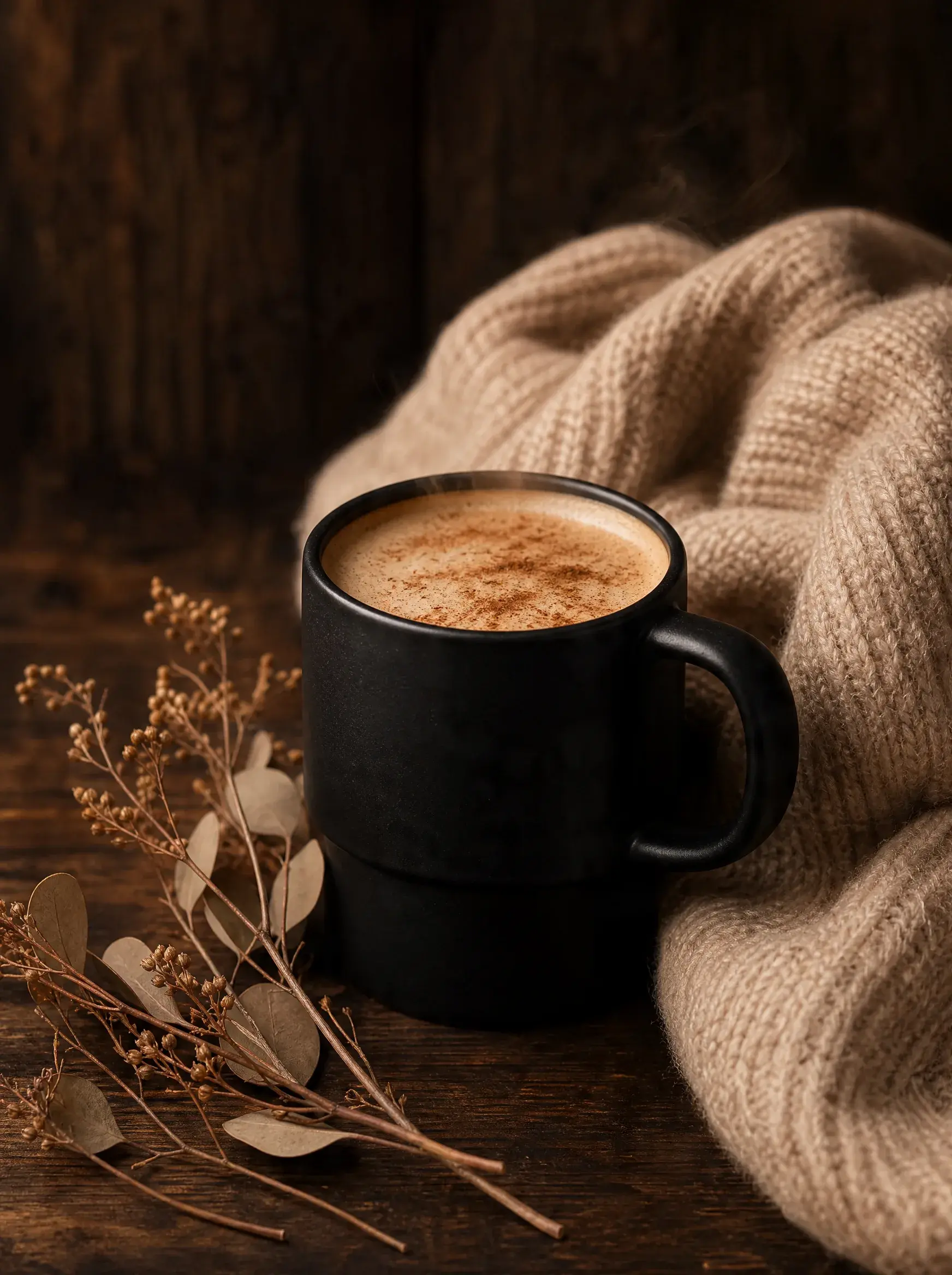 Mug café au lait avec cannelle – branches sèches, pull beige, table bois sombre, fond bois