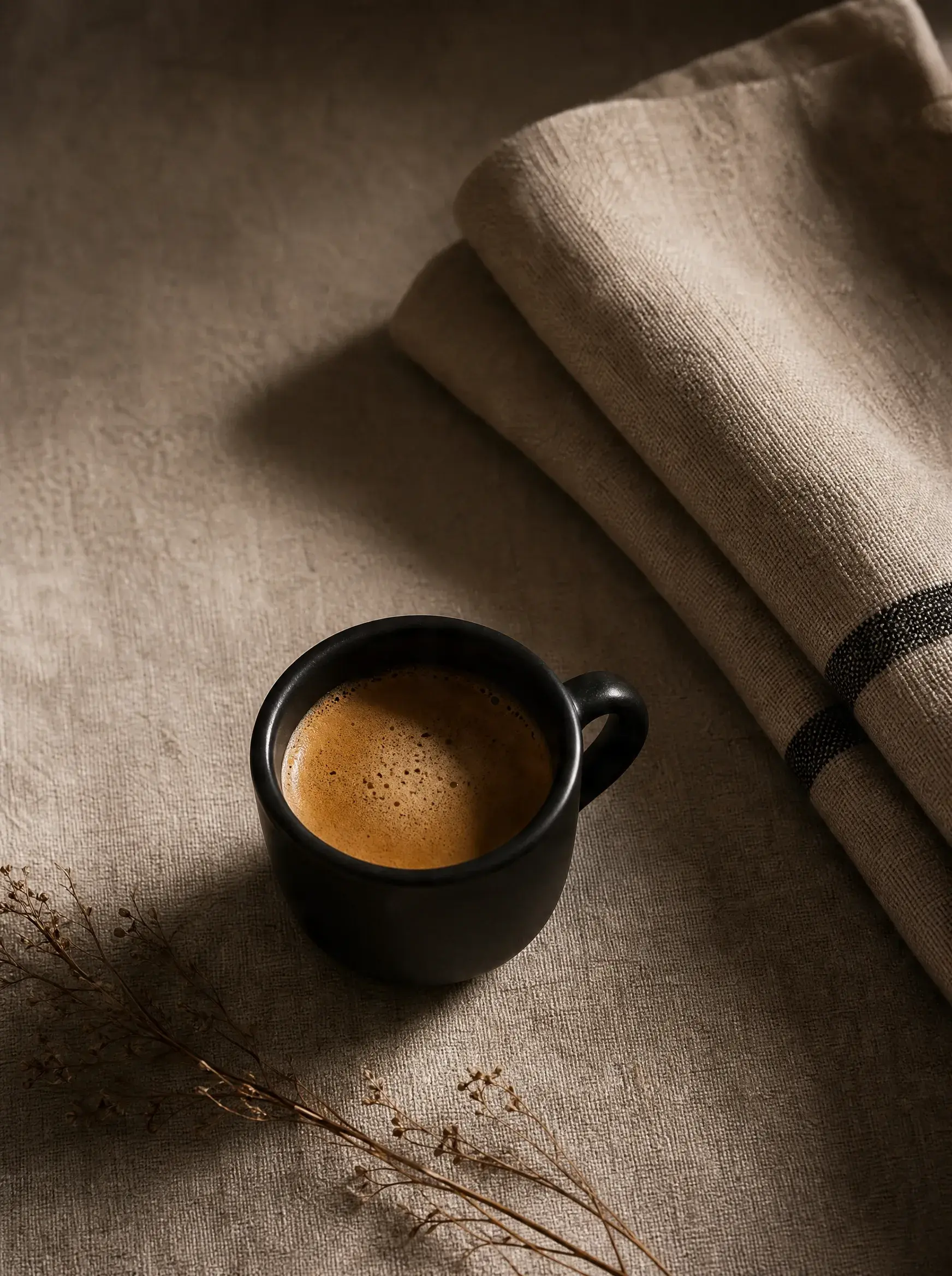 Mug café crème sur fond lin froissé – fleurs séchées, serviette lin, lumière tamisée, minimalisme