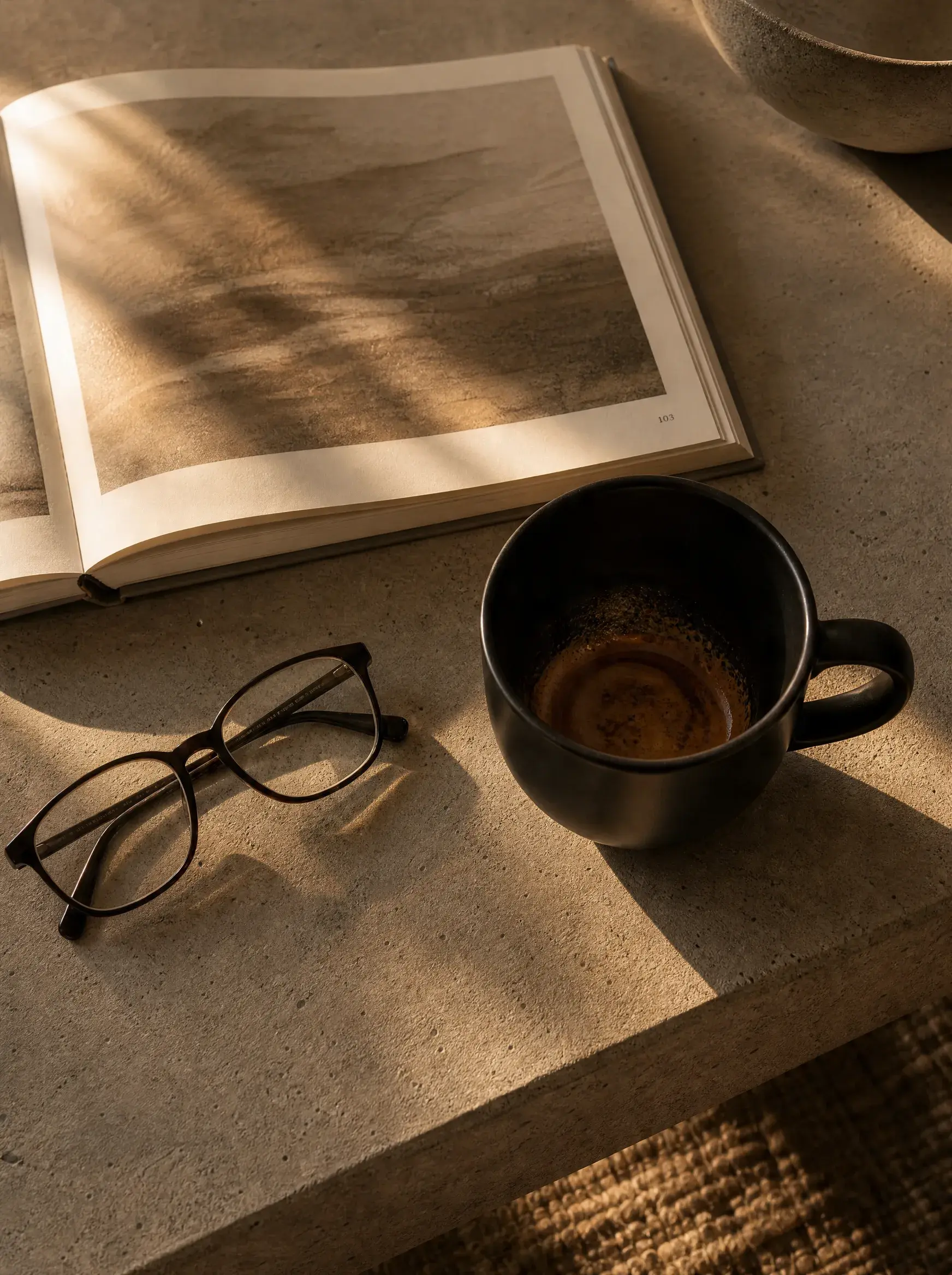 Mug café, livre ouvert et lunettes sur table béton – lumière dorée rasante