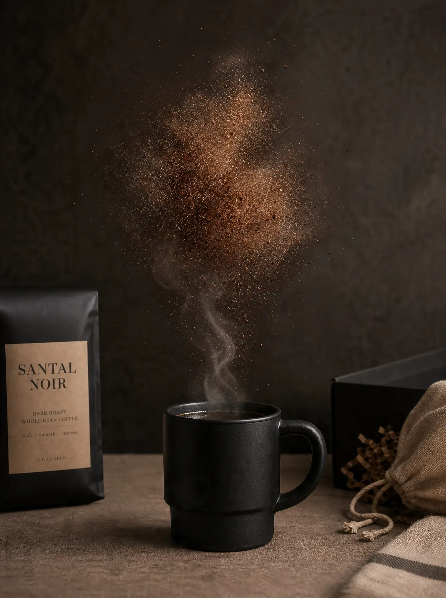 Mug café noir avec café moulu explosant – sachet artisanal, boîte noire, fond sombre dramatique
