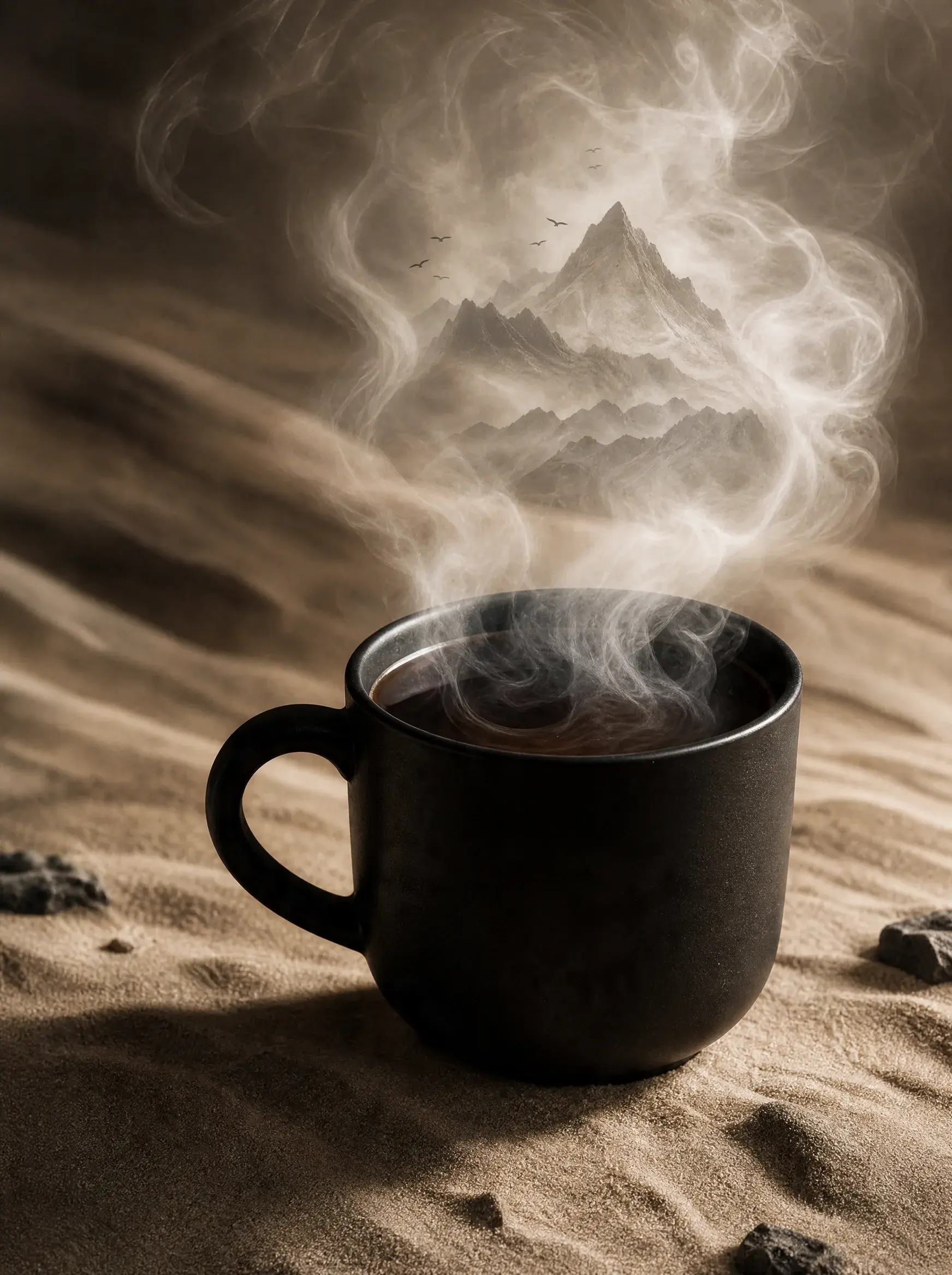 Mug café noir avec vapeur formant paysage de montagne – fond sable, composition mystique