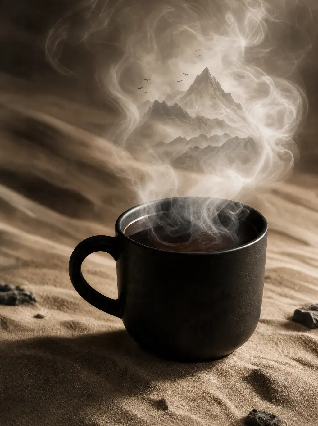 Mug café noir avec vapeur formant paysage de montagne – fond sable, composition mystique